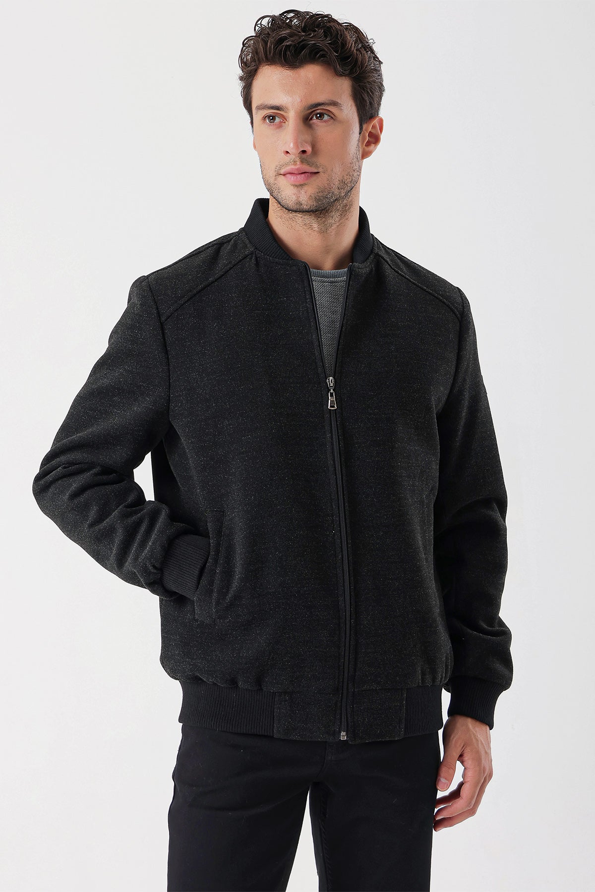 Comfort-Fit College Collar Casual Jacket - Dark Grey