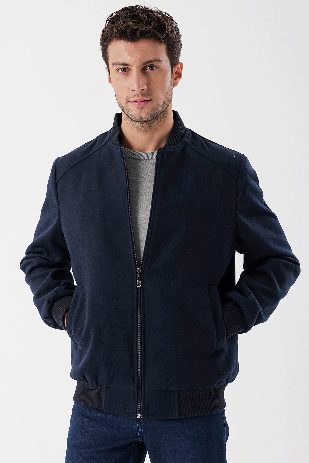 Comfort-Fit College Collar Casual Jacket - Navy