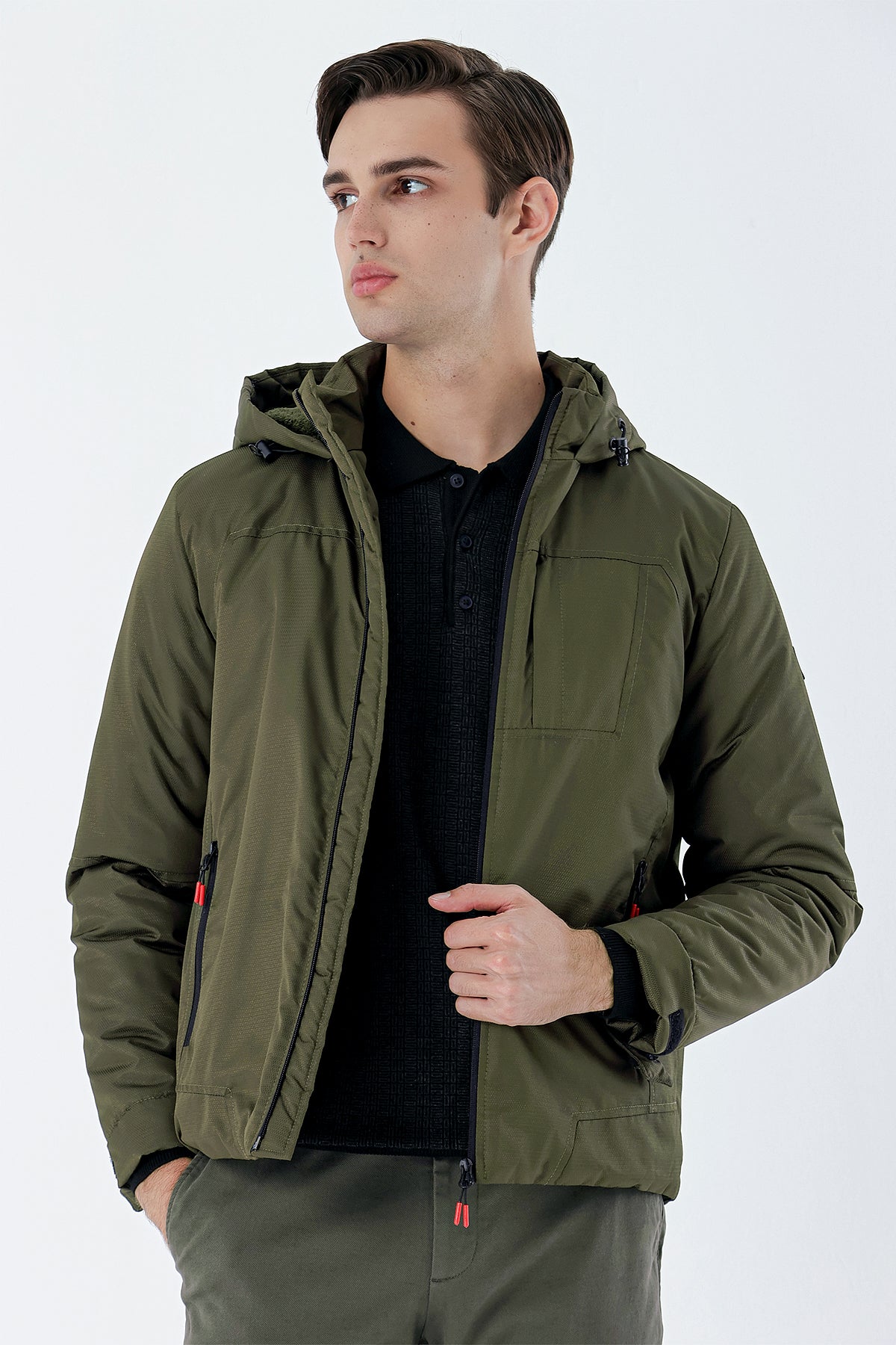 Slim-Fit Hooded Casual Jacket - Dark Khaki