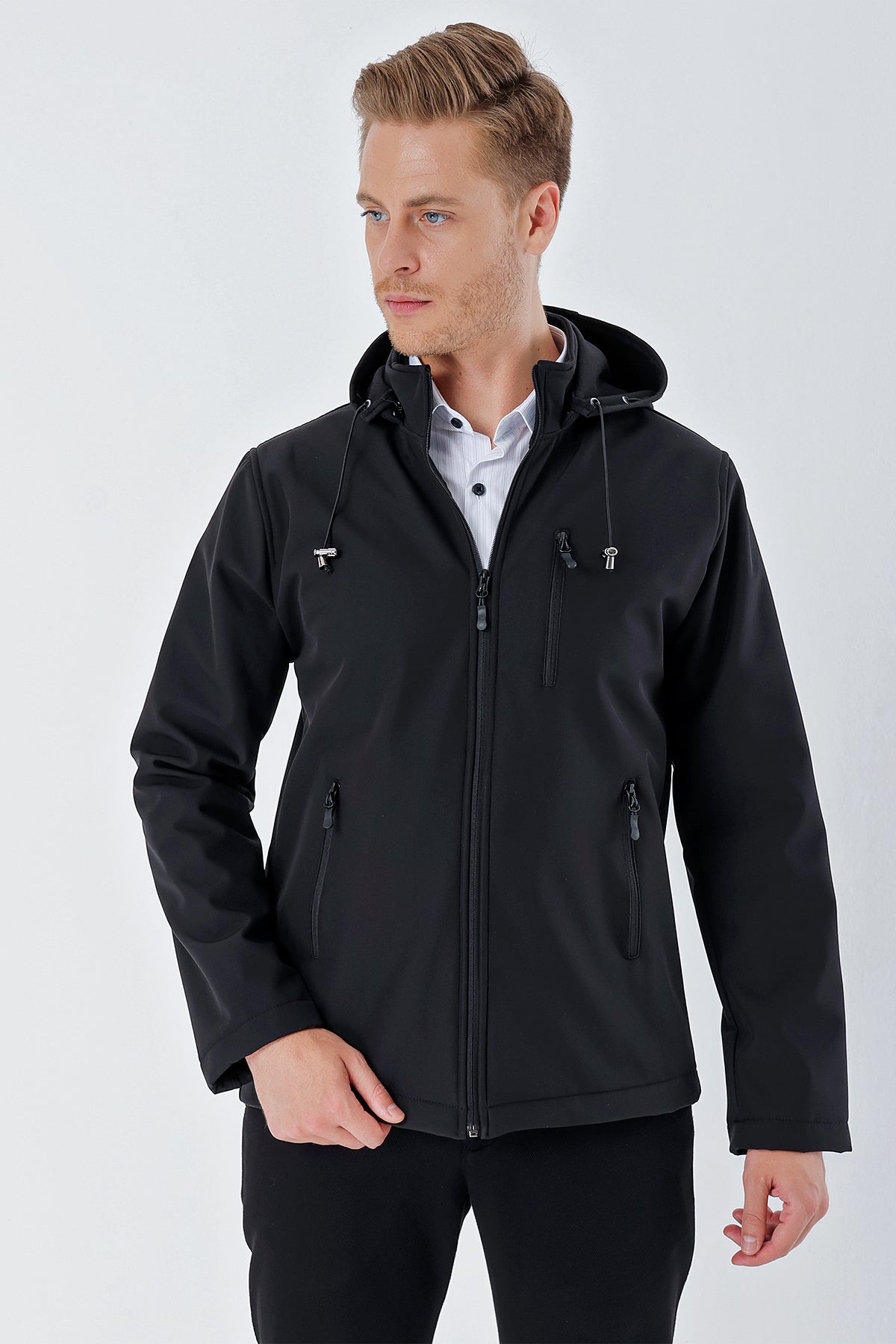 Slim-Fit Hooded Casual Jacket - Black