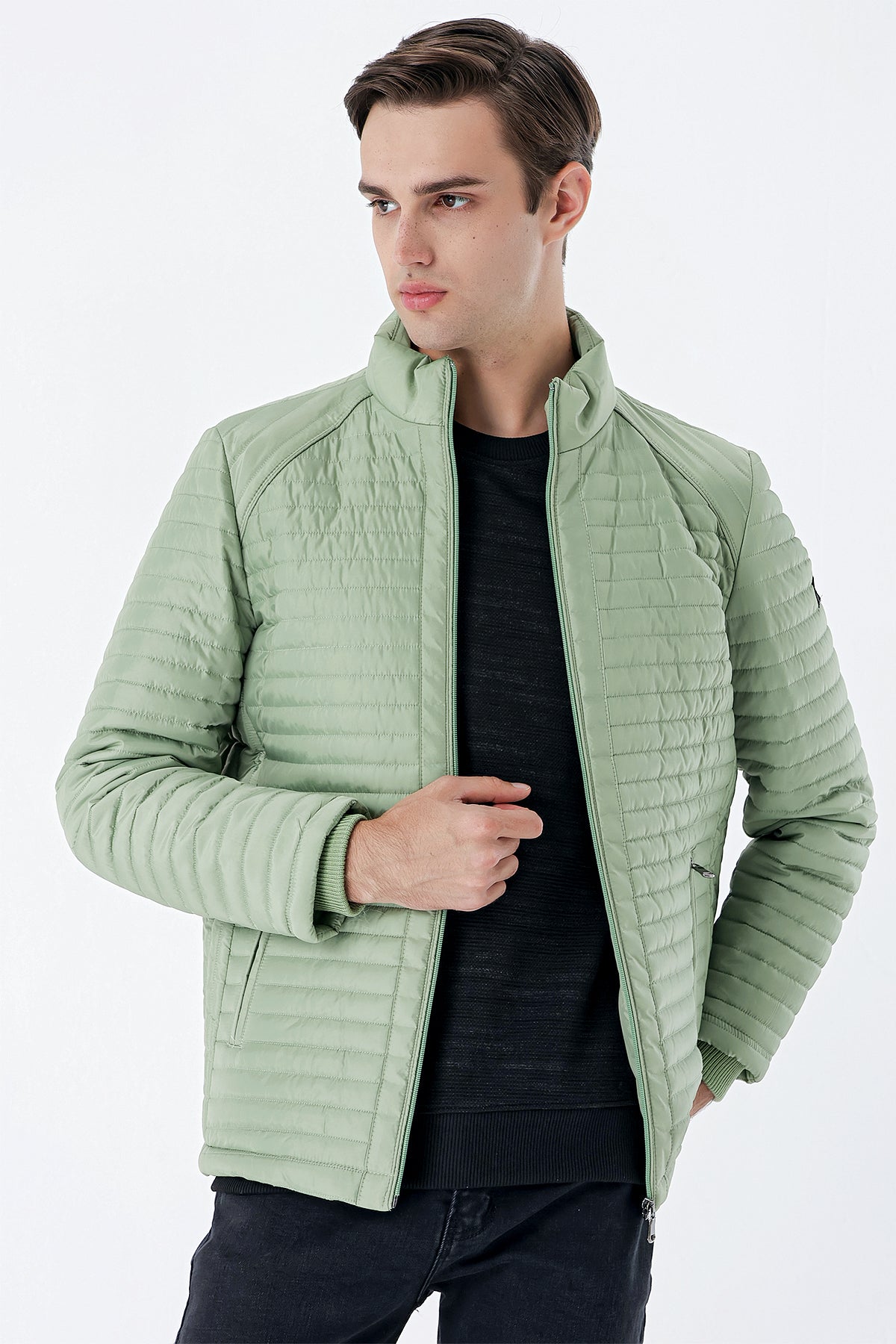 Slim-Fit Stand-Up Collar Casual Jacket - Mint Green