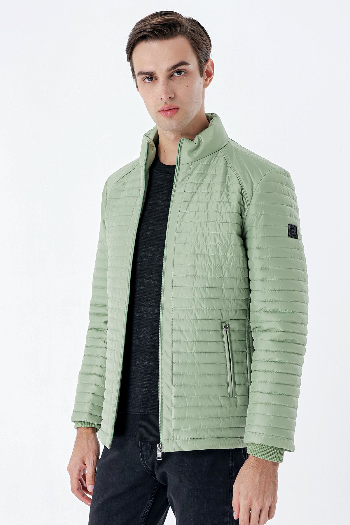 Slim-Fit Stand-Up Collar Casual Jacket - Mint Green