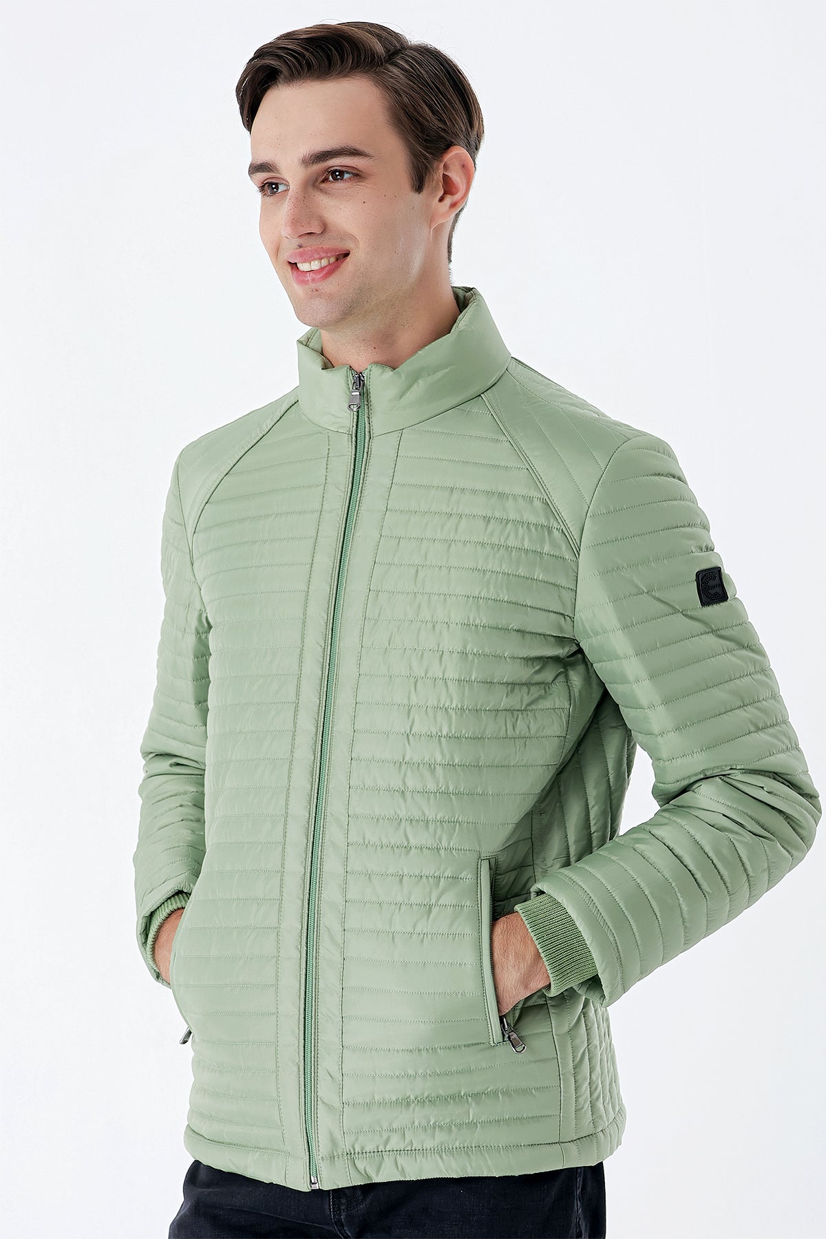 Slim-Fit Stand-Up Collar Casual Jacket - Mint Green