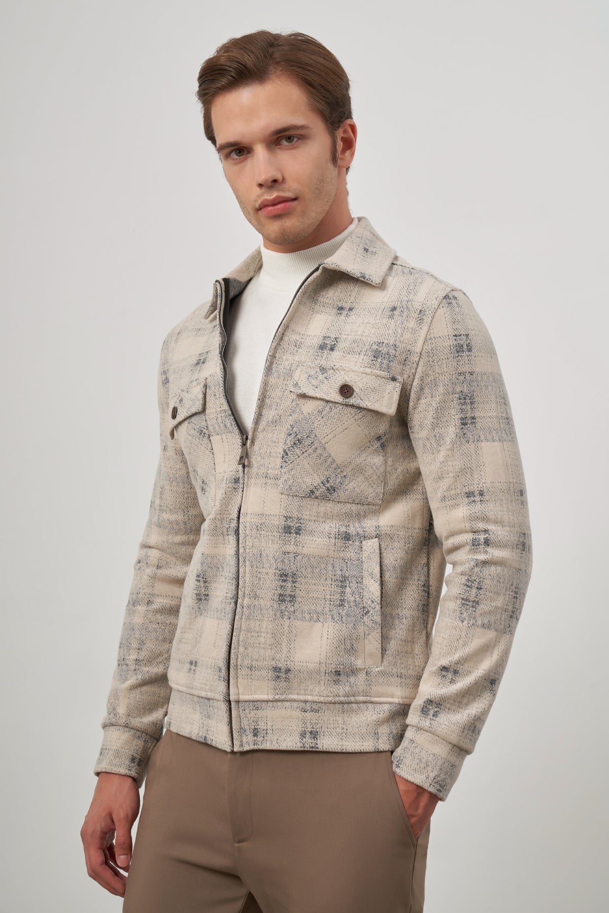 Slim-Fit Check Jacket - Beige