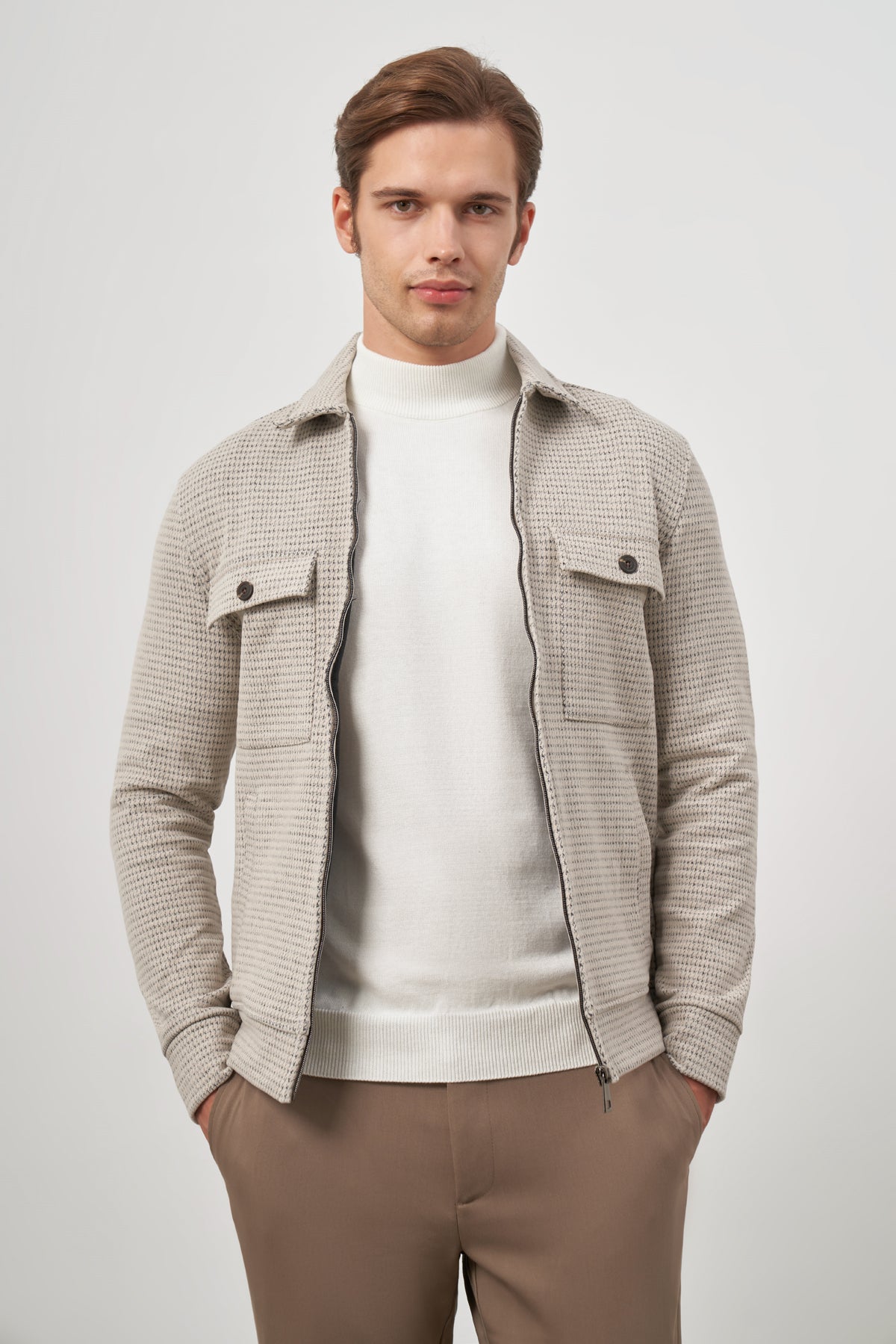 Slim-Fit Textured Jacket - Beige