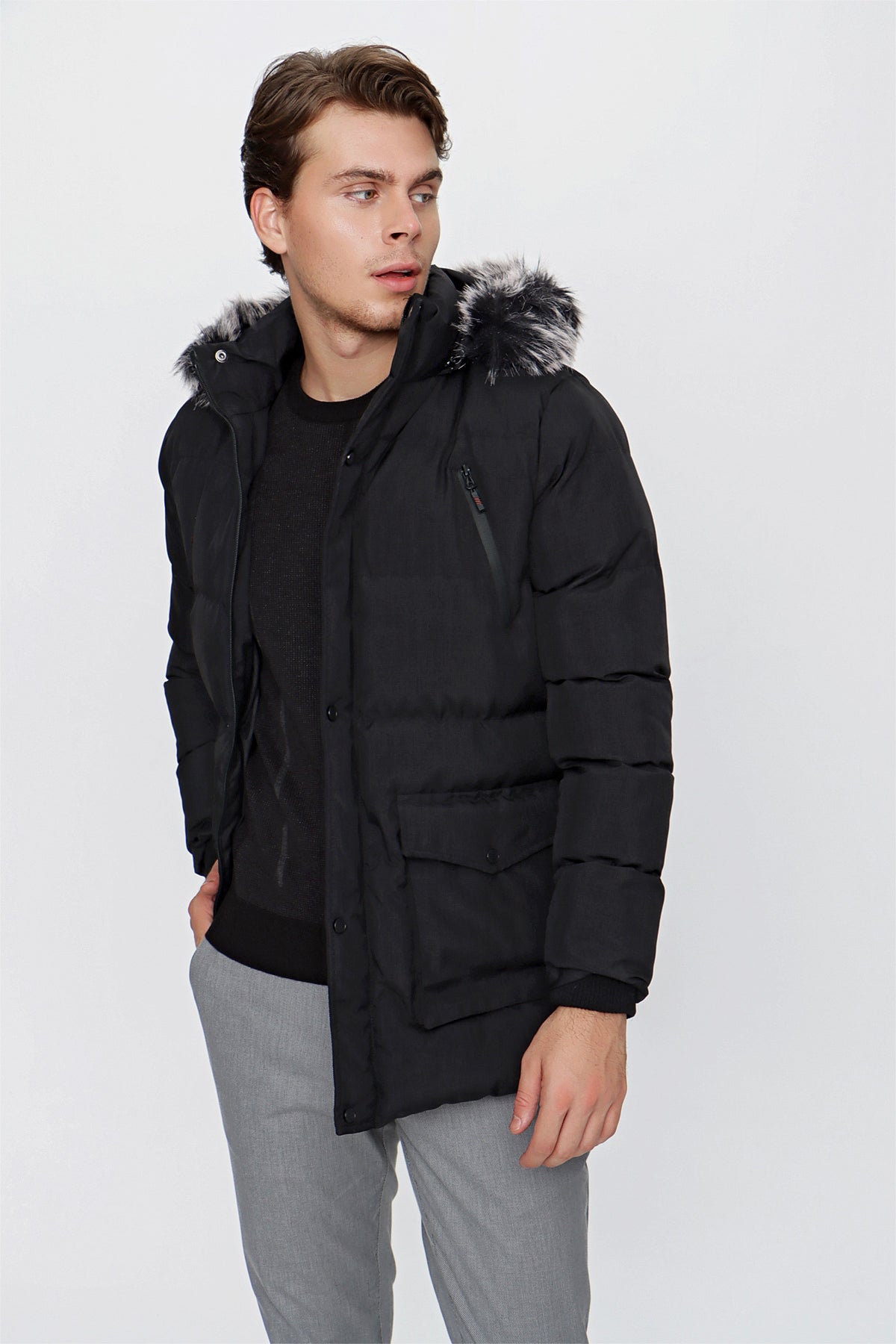 Slim-Fit Hooded Puffer Coat - Black