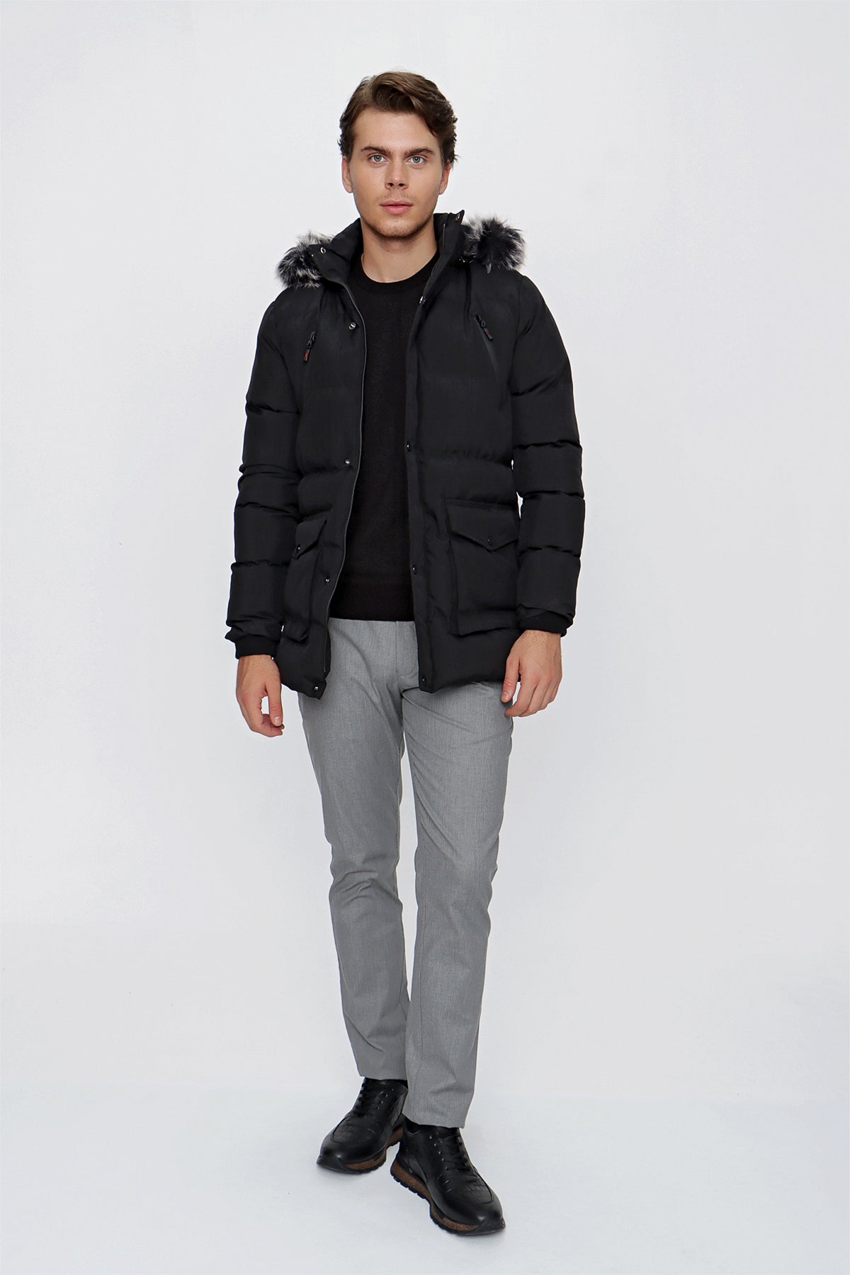 Slim-Fit Hooded Puffer Coat - Black