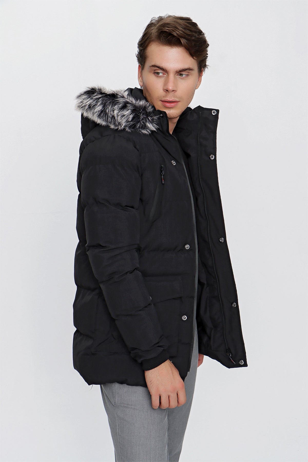 Slim-Fit Hooded Puffer Coat - Black