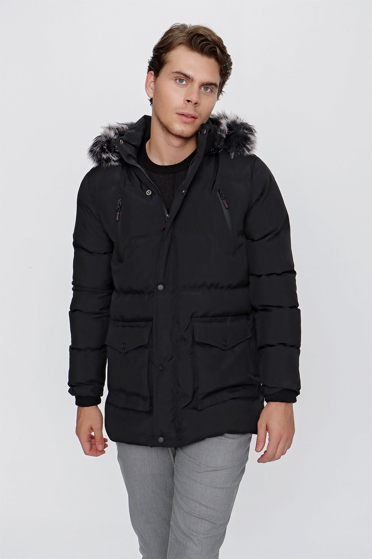 Slim-Fit Hooded Puffer Coat - Black