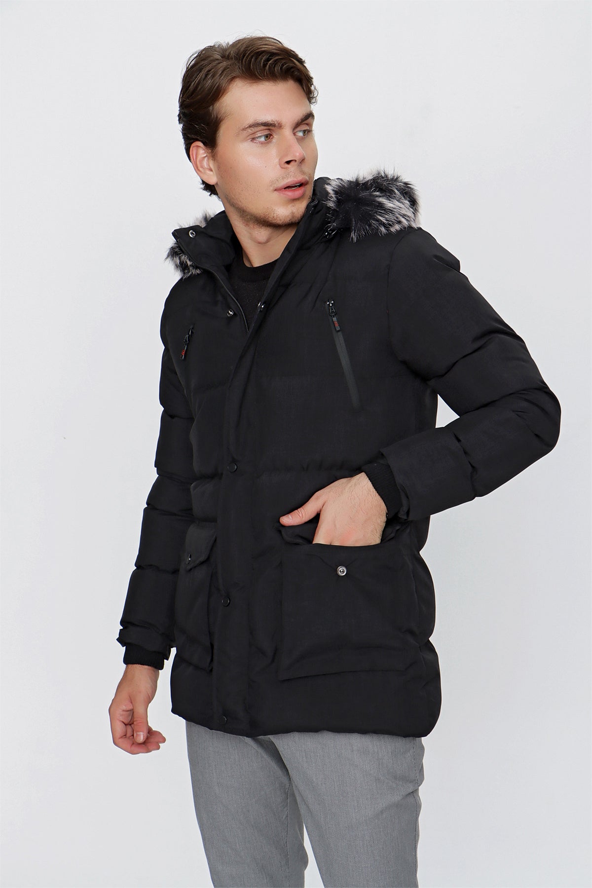 Slim-Fit Hooded Puffer Coat - Black