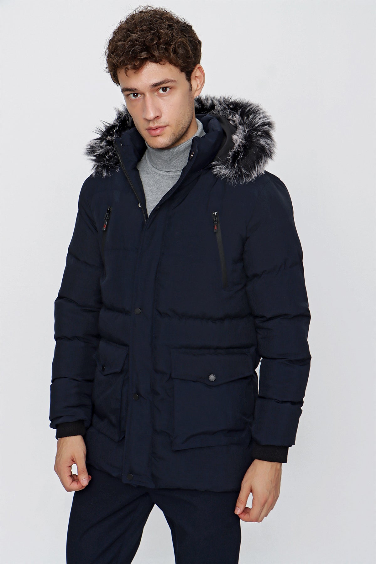 Slim-Fit Hooded Puffer Coat - Navy