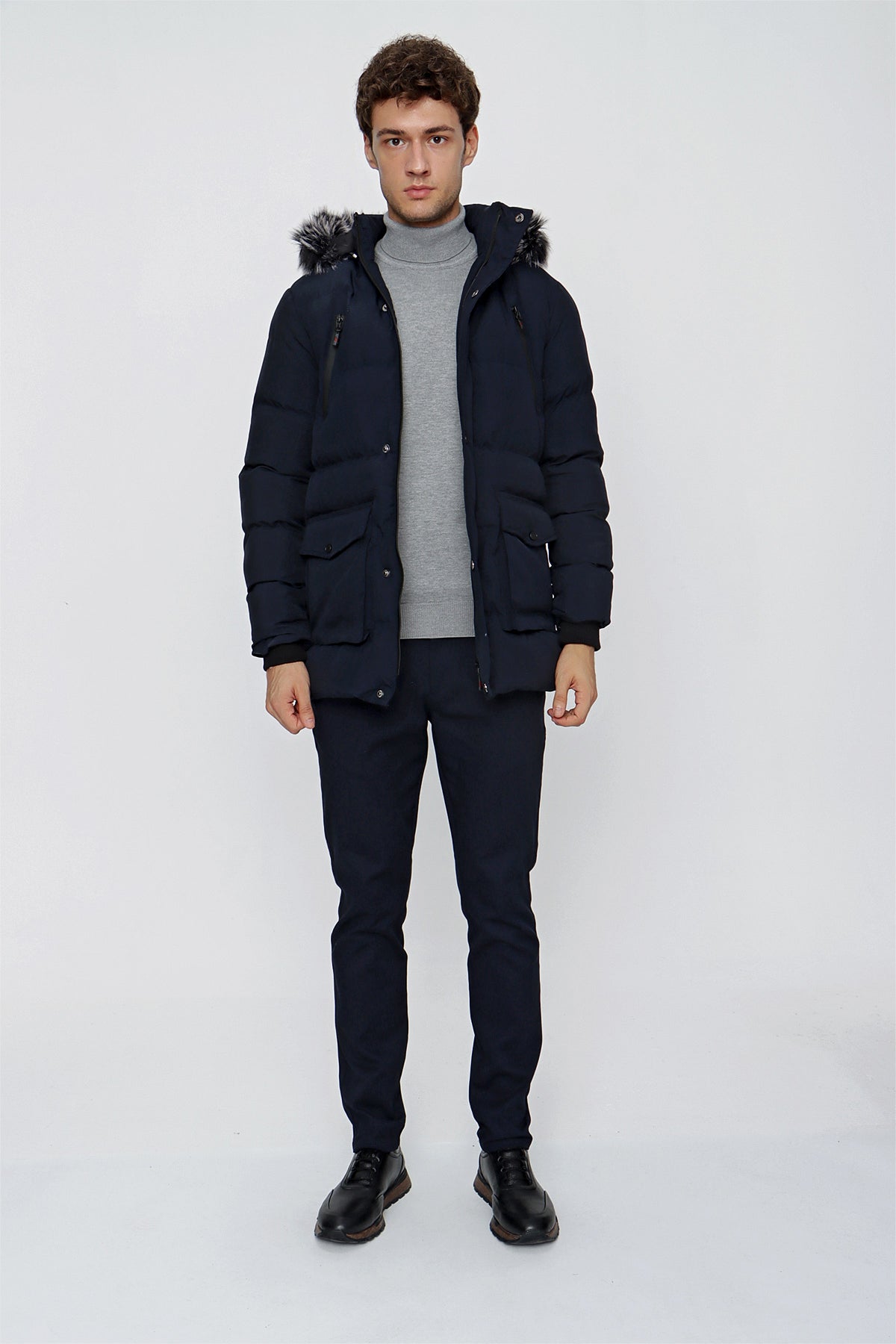 Slim-Fit Hooded Puffer Coat - Navy