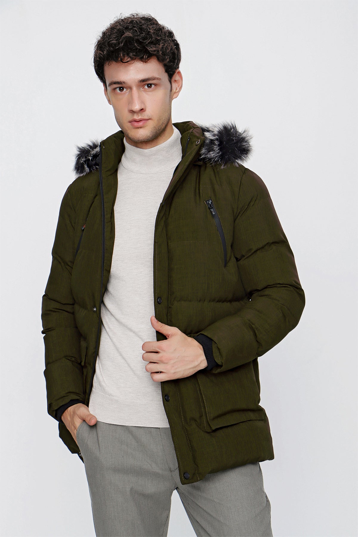 Slim-Fit Hooded Puffer Coat - Dark Khaki