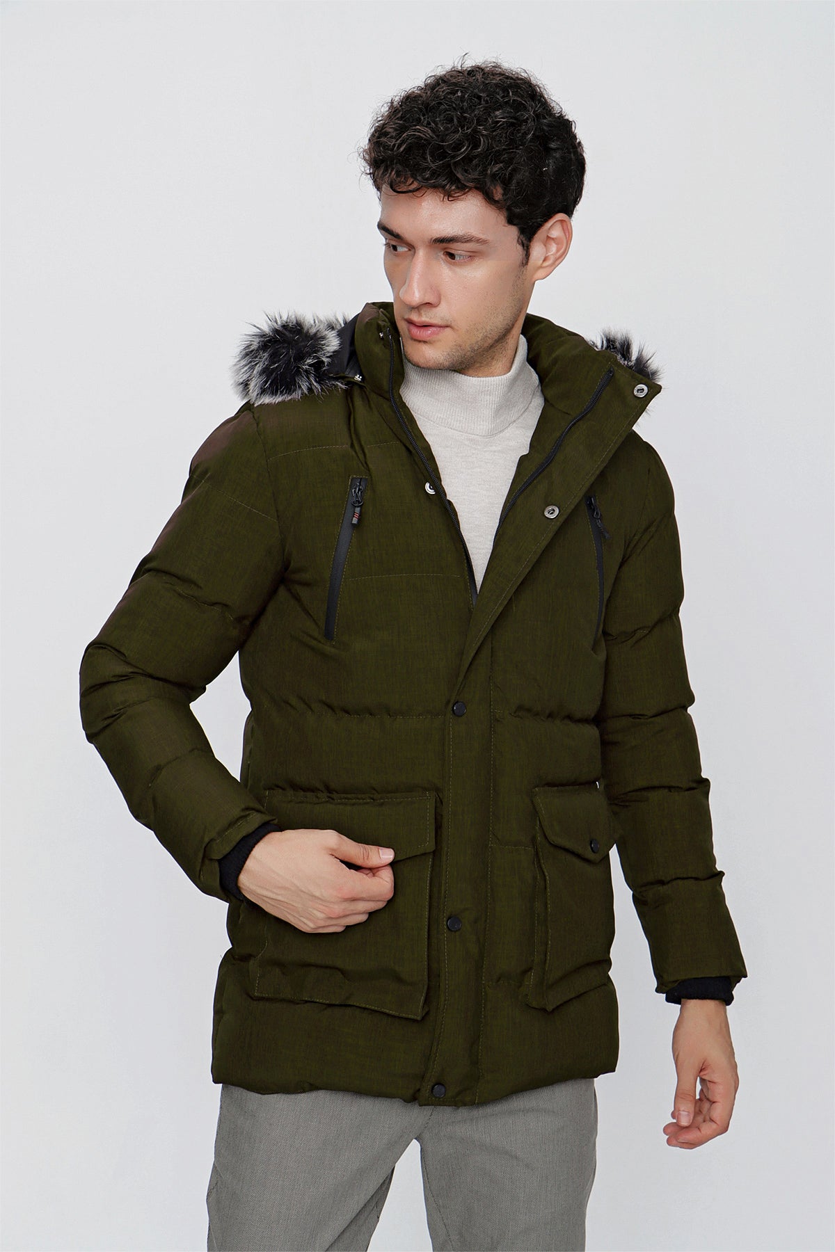 Slim-Fit Hooded Puffer Coat - Dark Khaki