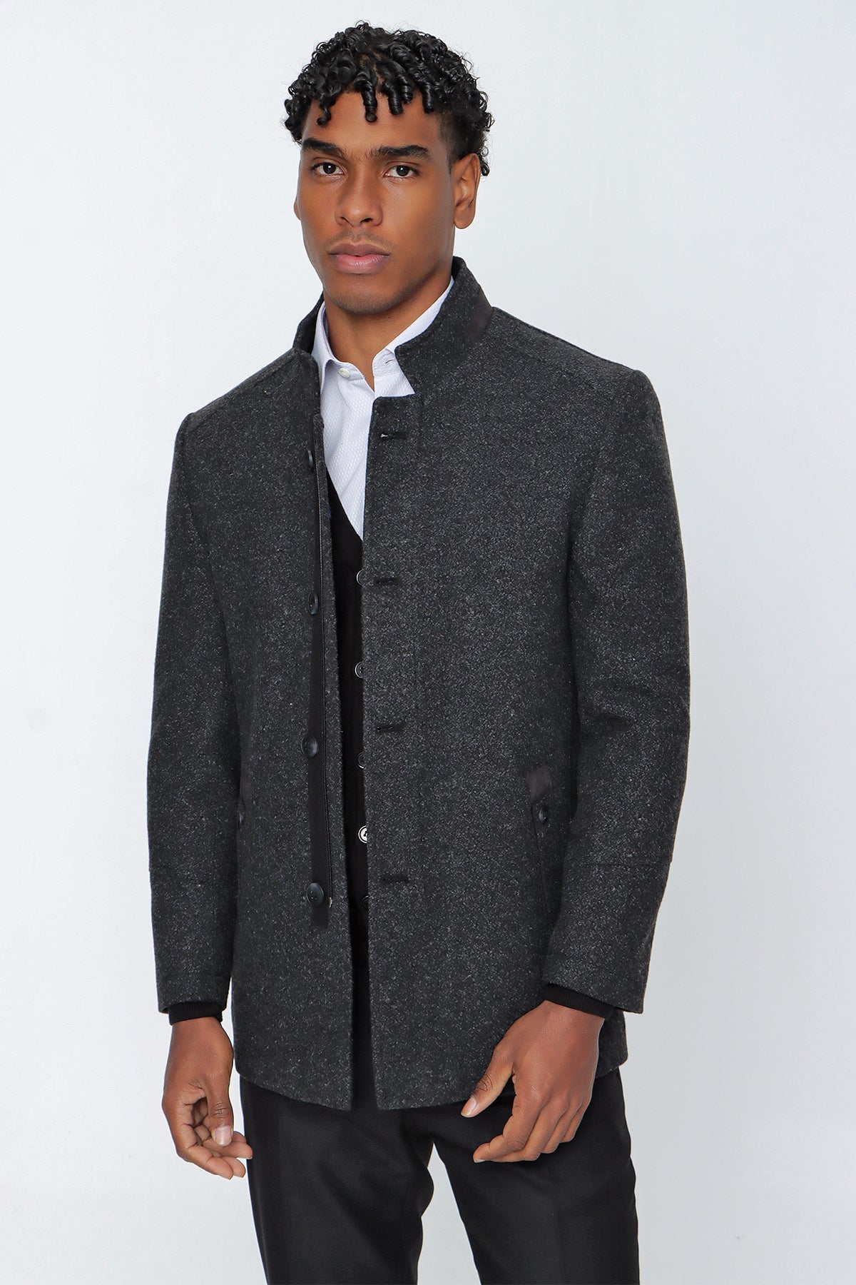 Comfort-Fit Patterned Coat - Dark Grey