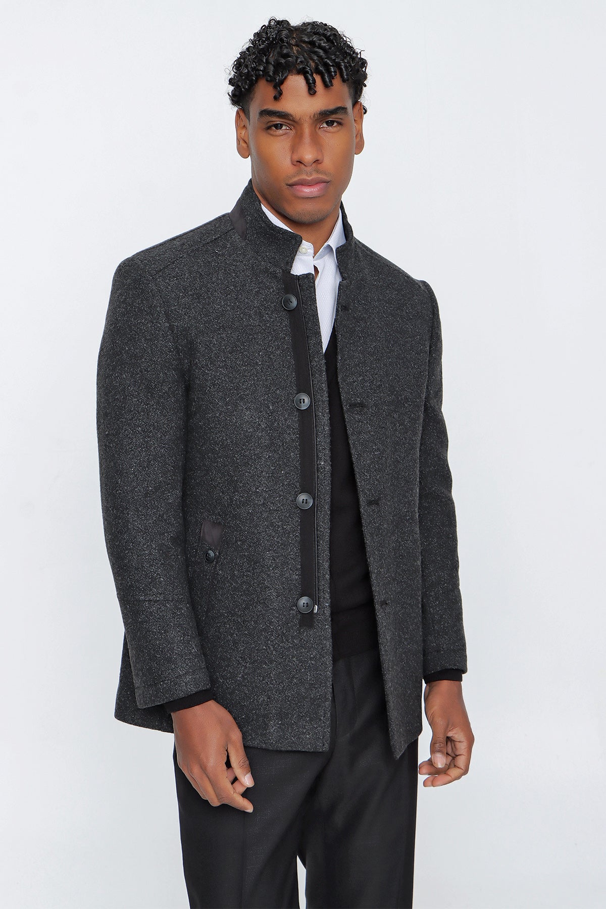 Comfort-Fit Patterned Coat - Dark Grey