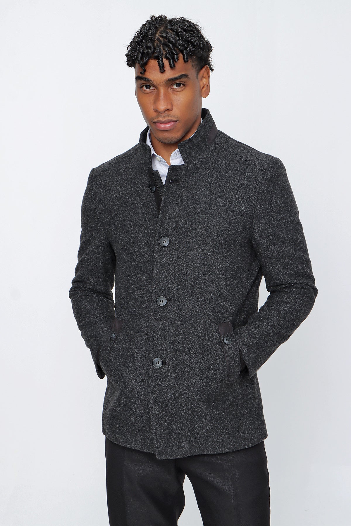 Comfort-Fit Patterned Coat - Dark Grey