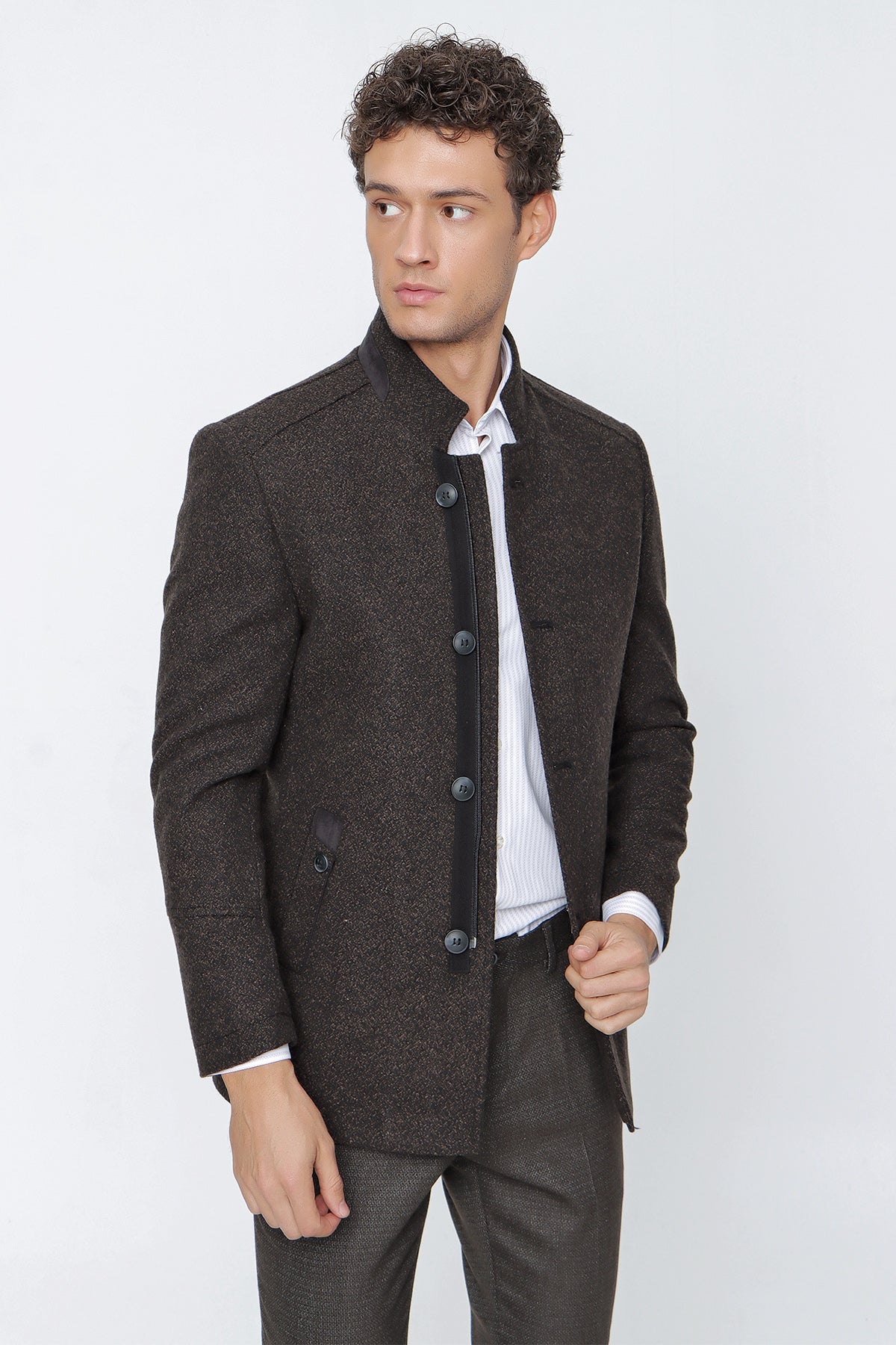 Comfort-Fit Patterned Coat - Dark Brown