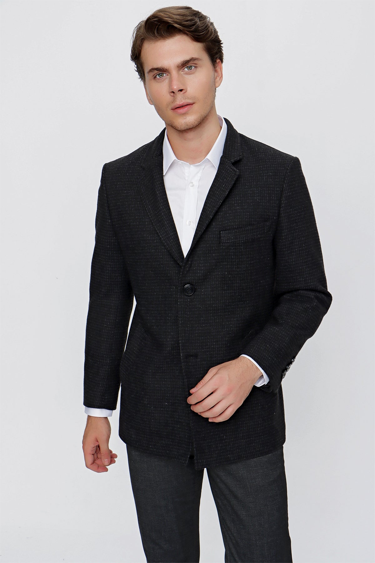 Comfort-Fit Patterned Coat - Black