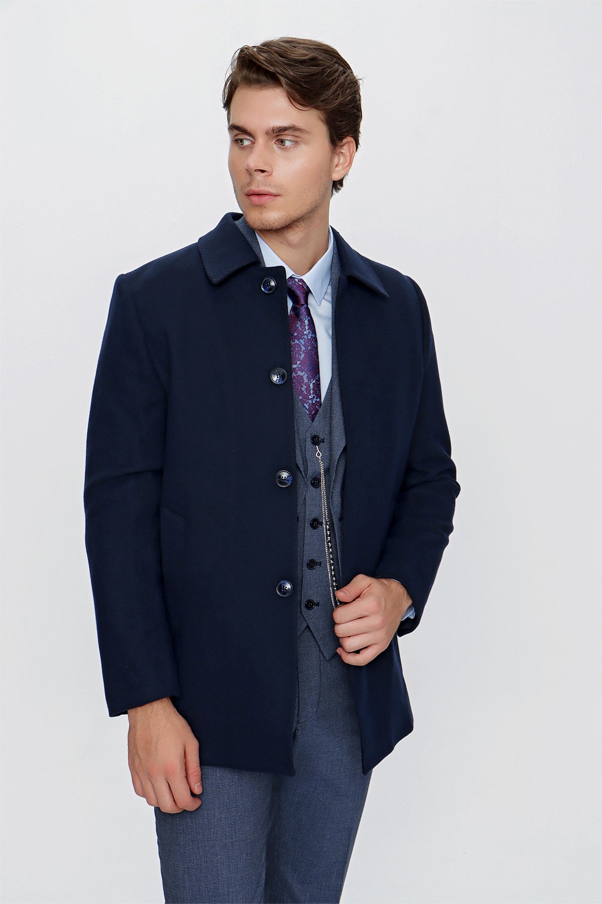 Comfort-Fit Plain Coat - Navy