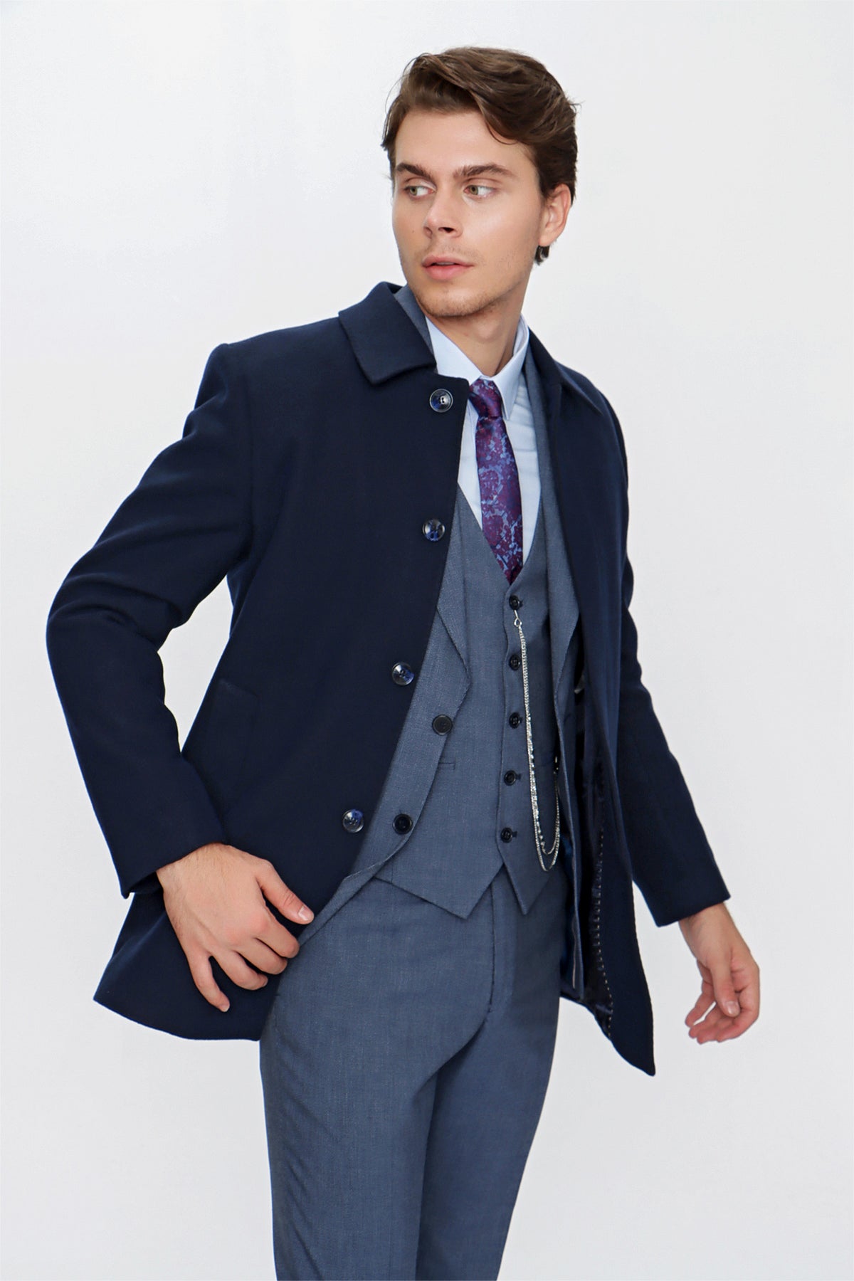 Comfort-Fit Plain Coat - Navy