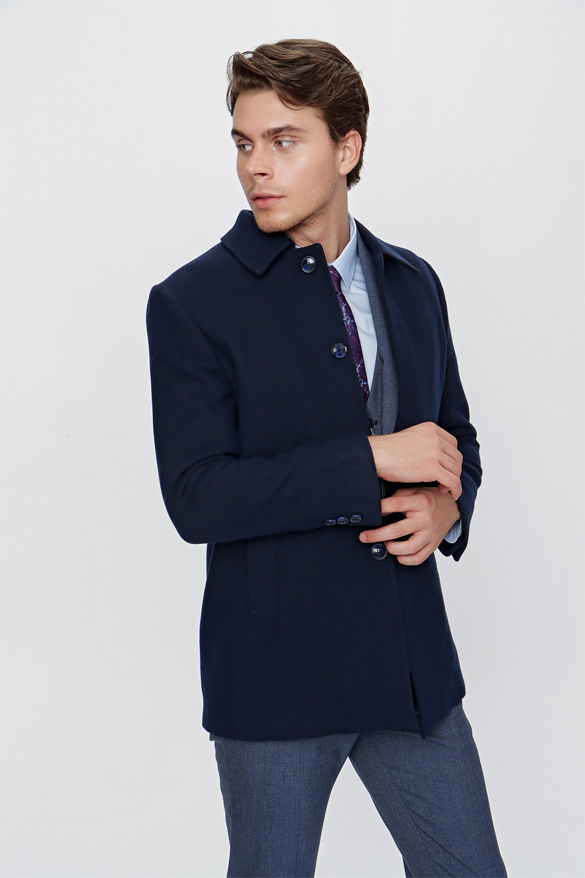 Comfort-Fit Plain Coat - Navy