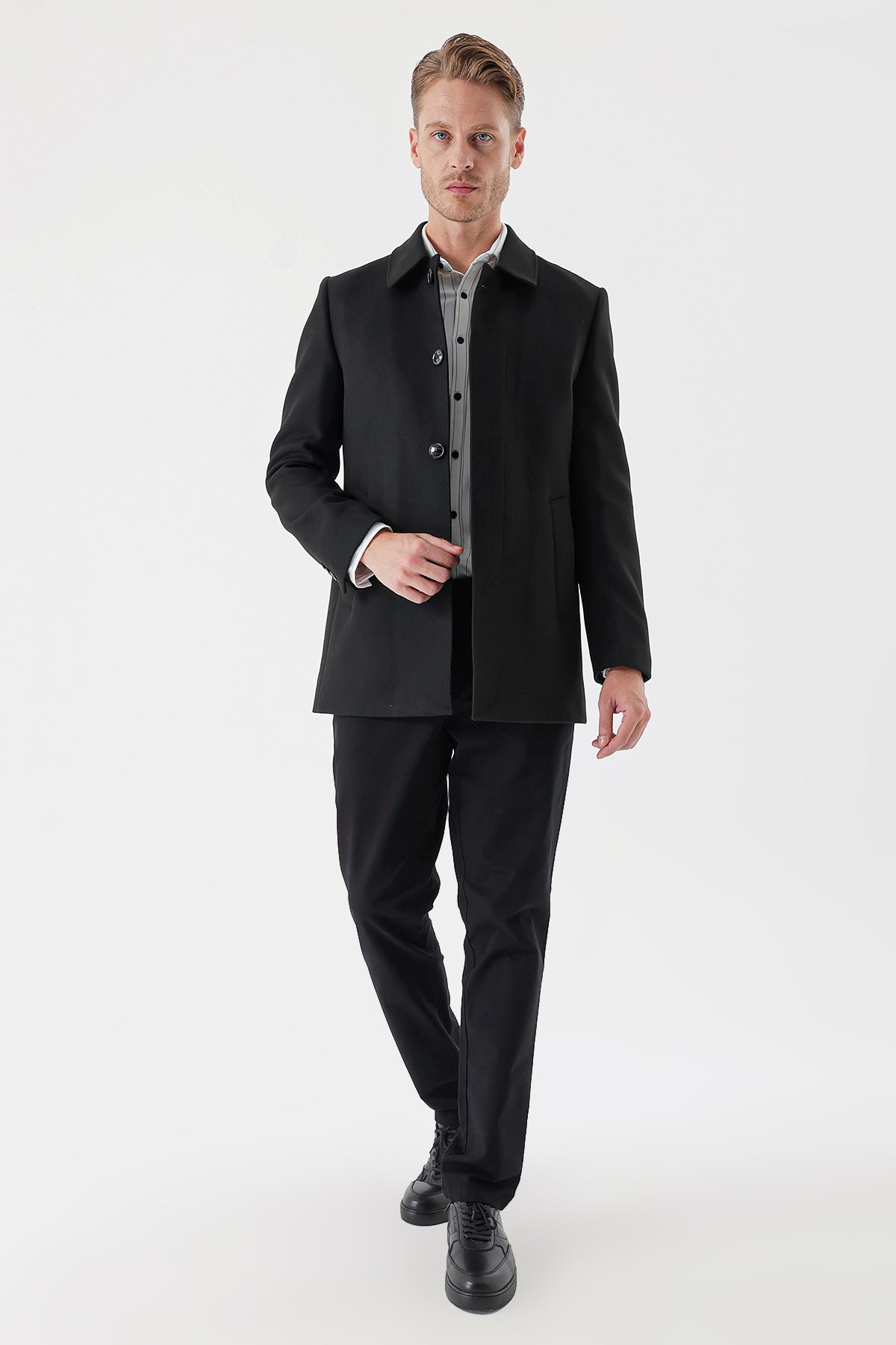 Comfort-Fit Plain Coat - Black