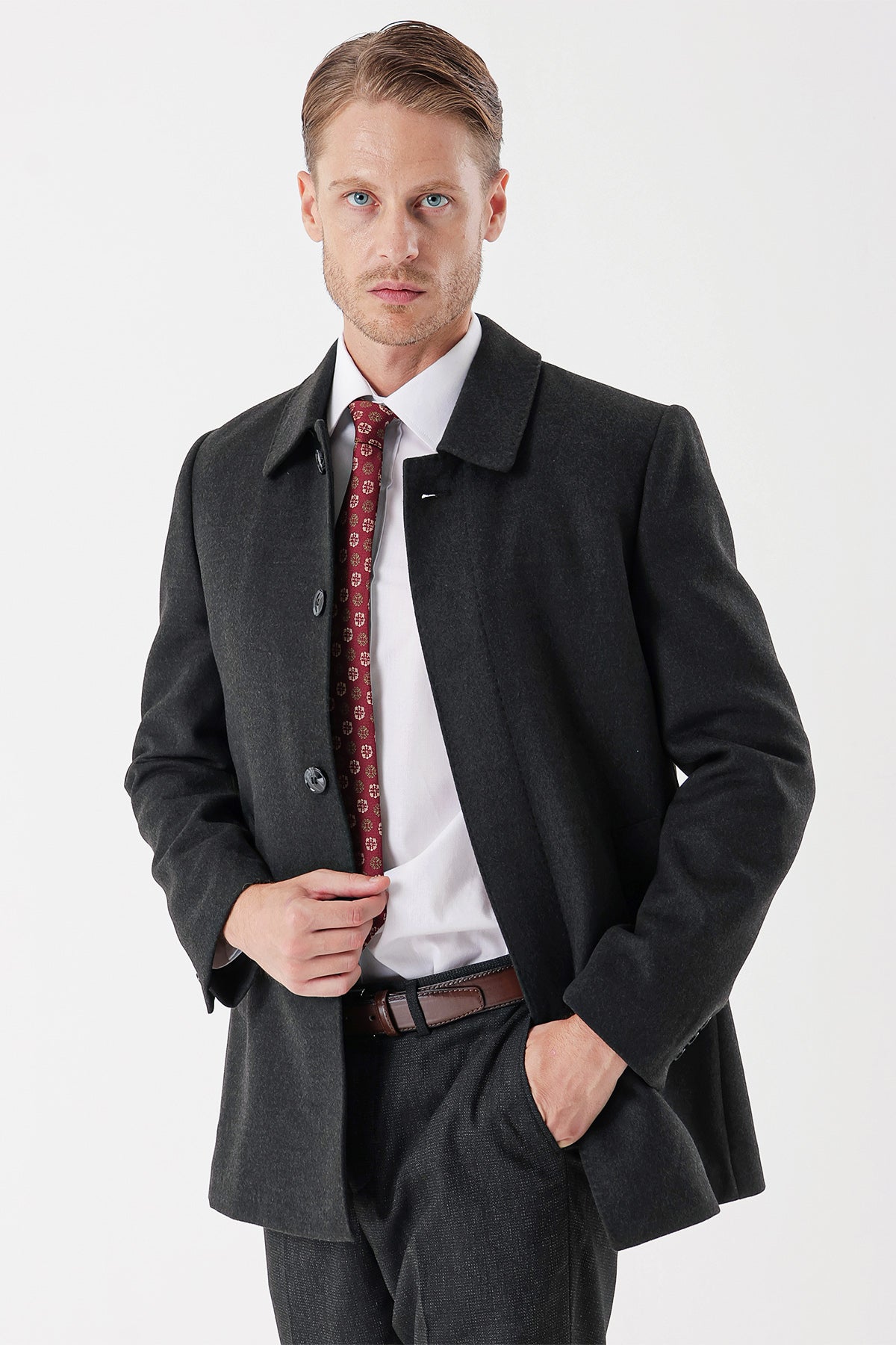 Comfort-Fit Plain Coat - Dark Grey