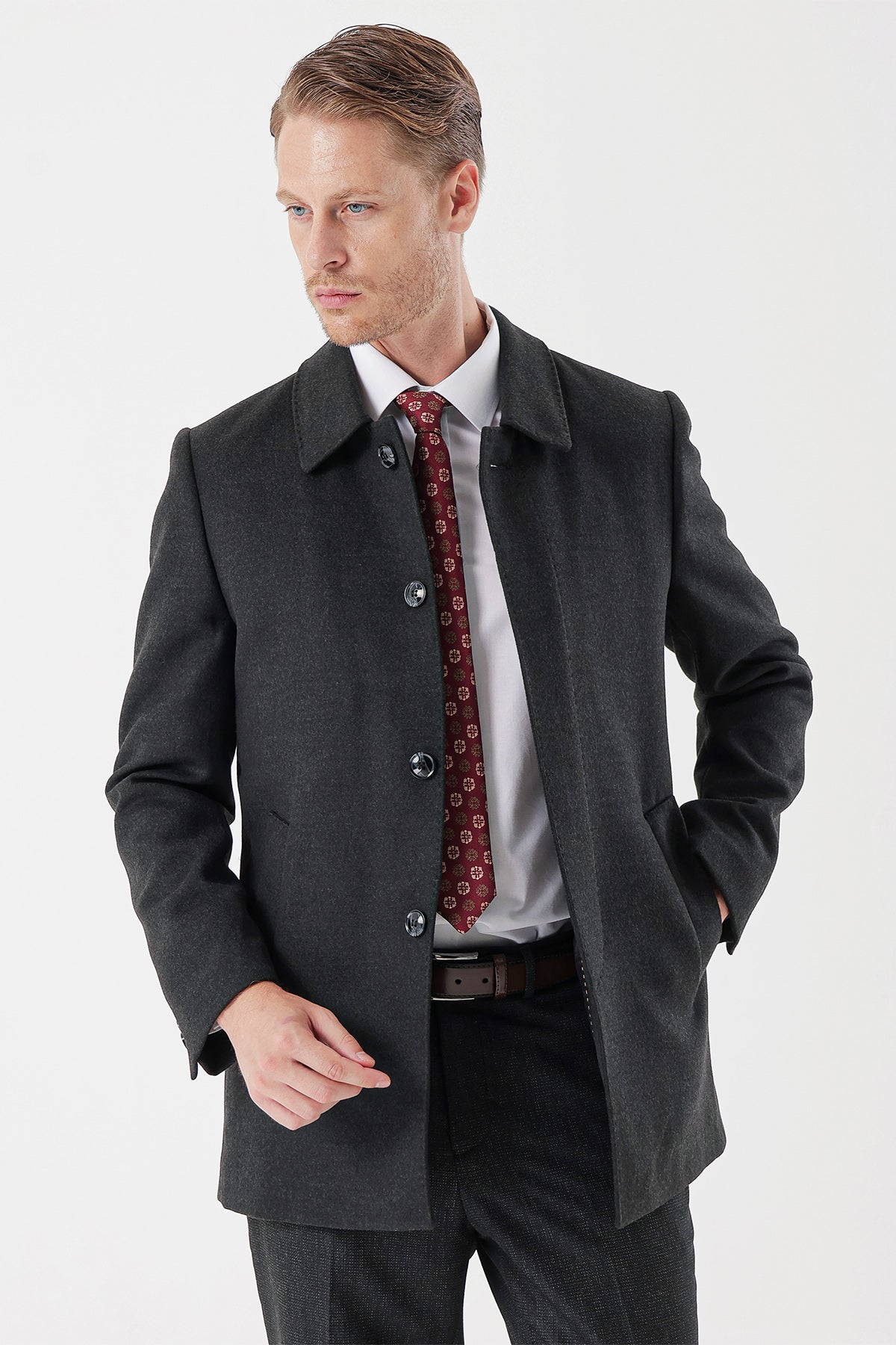 Comfort-Fit Plain Coat - Dark Grey