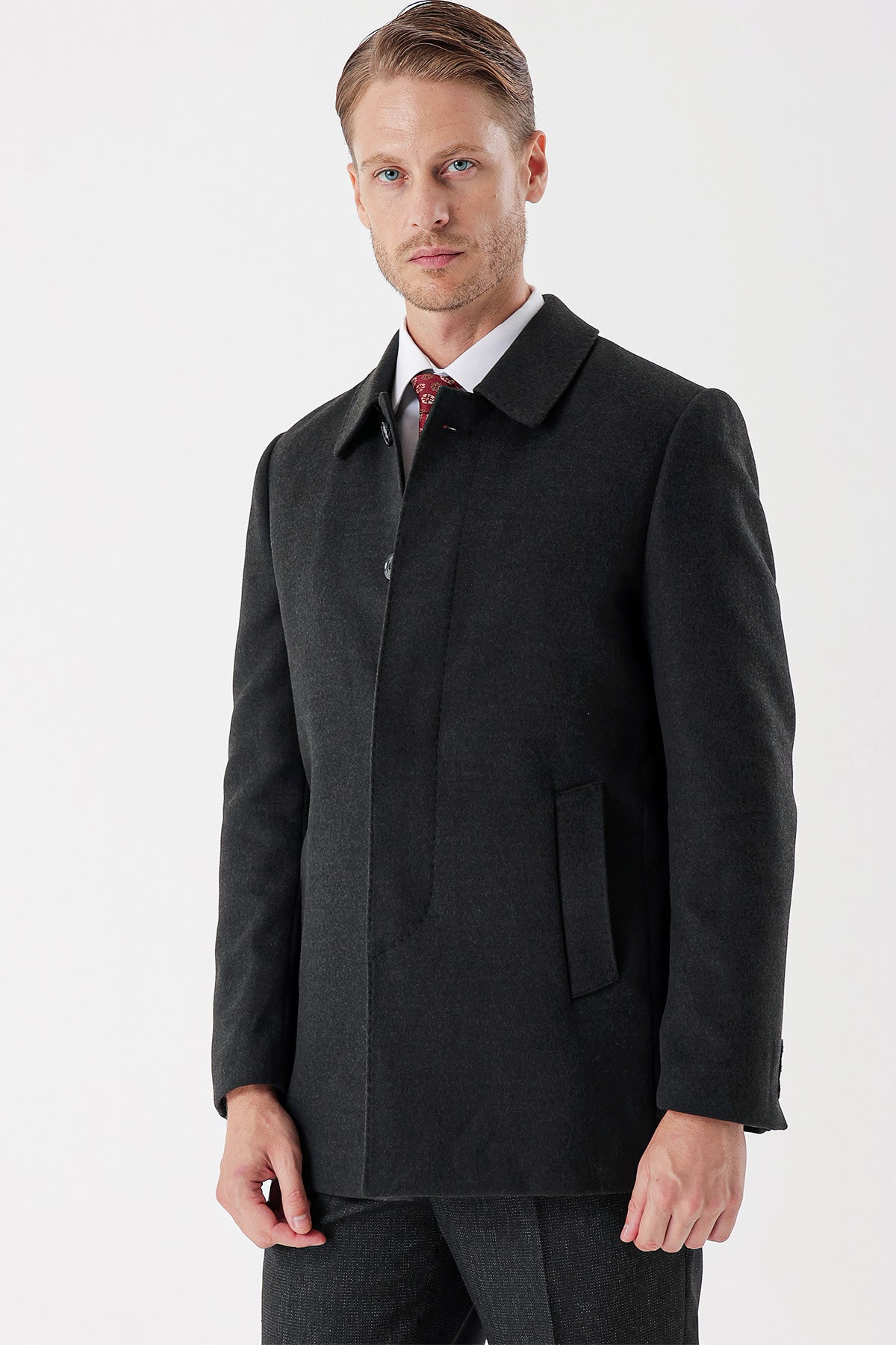 Comfort-Fit Plain Coat - Dark Grey