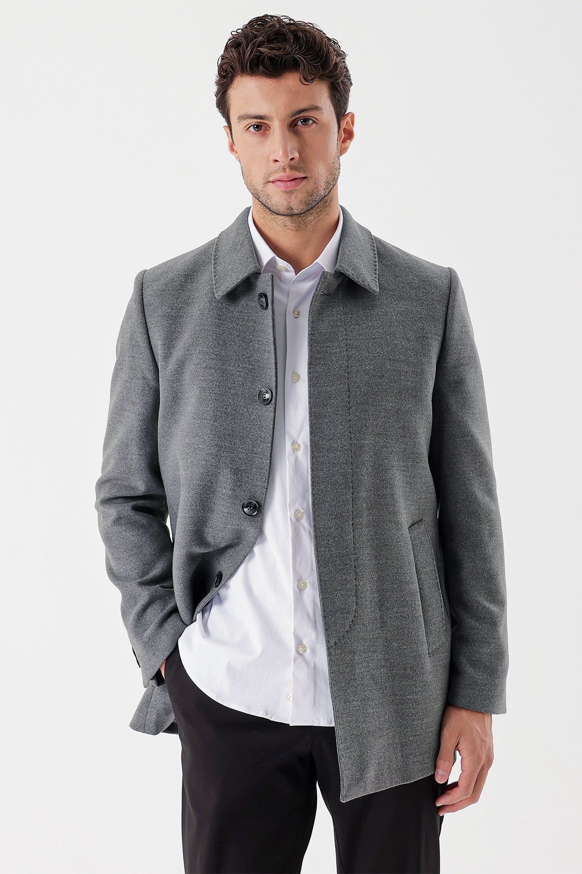 Comfort-Fit Plain Coat - Grey