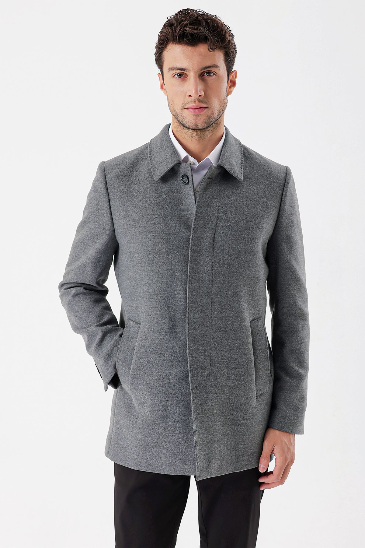 Comfort-Fit Plain Coat - Grey