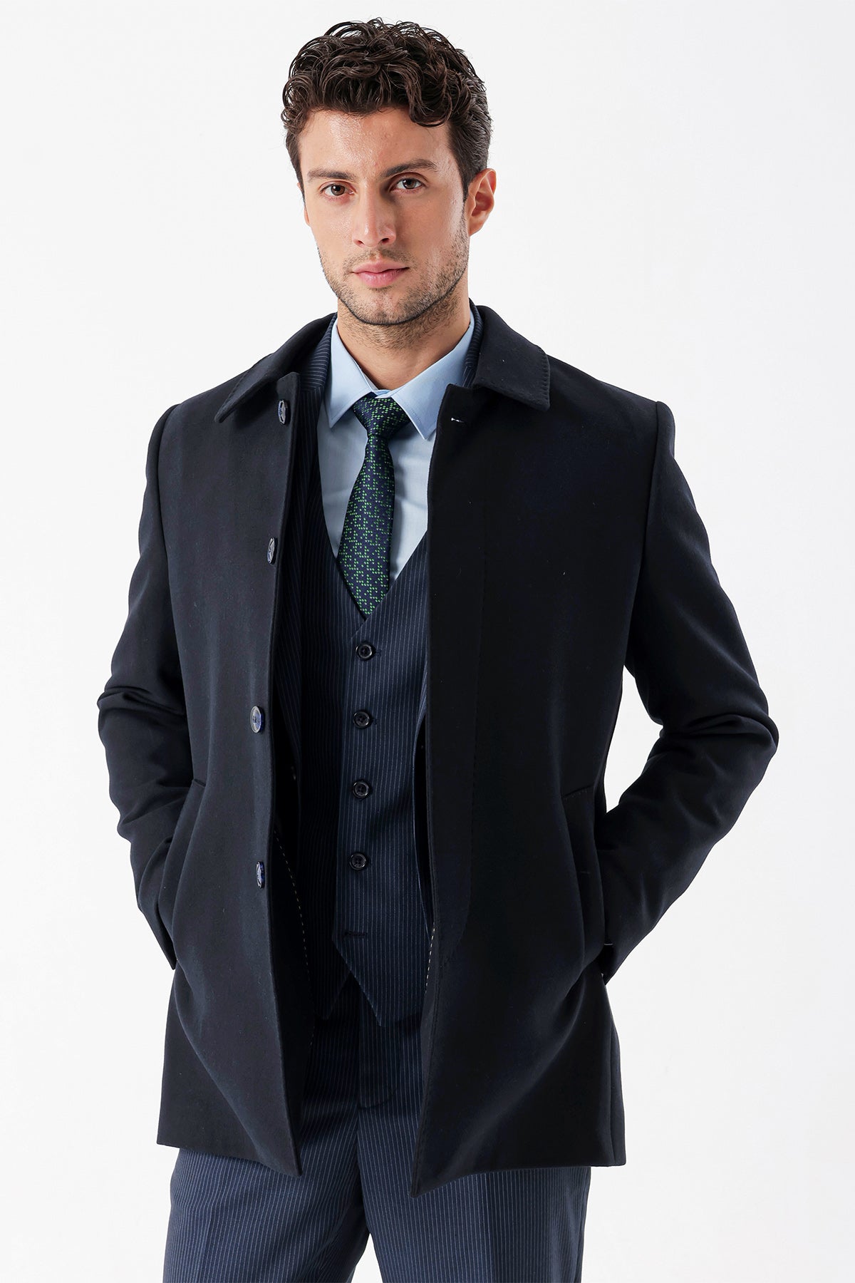 Comfort-Fit Plain Coat - Navy