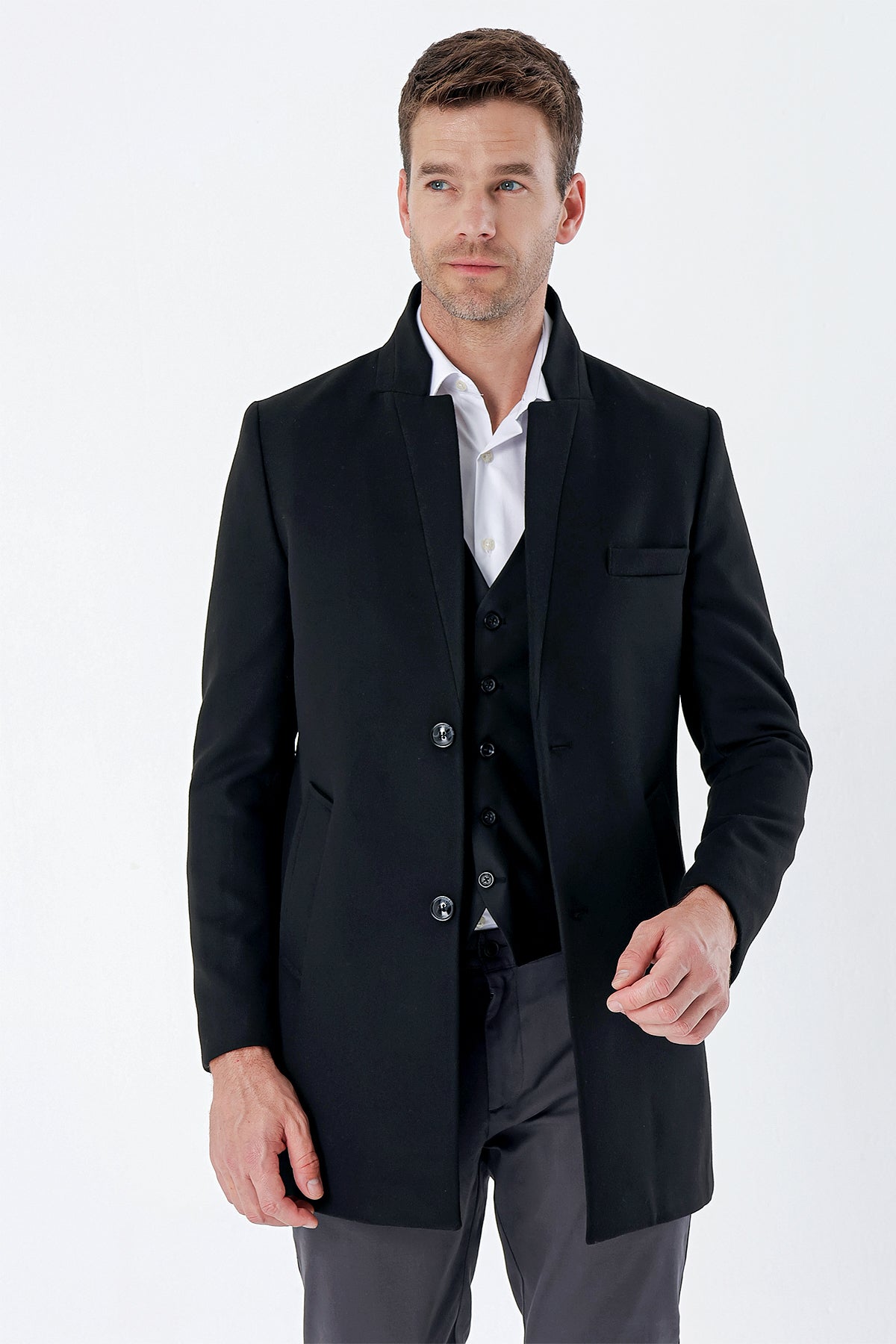 Slim-Fit Plain Coat - Black