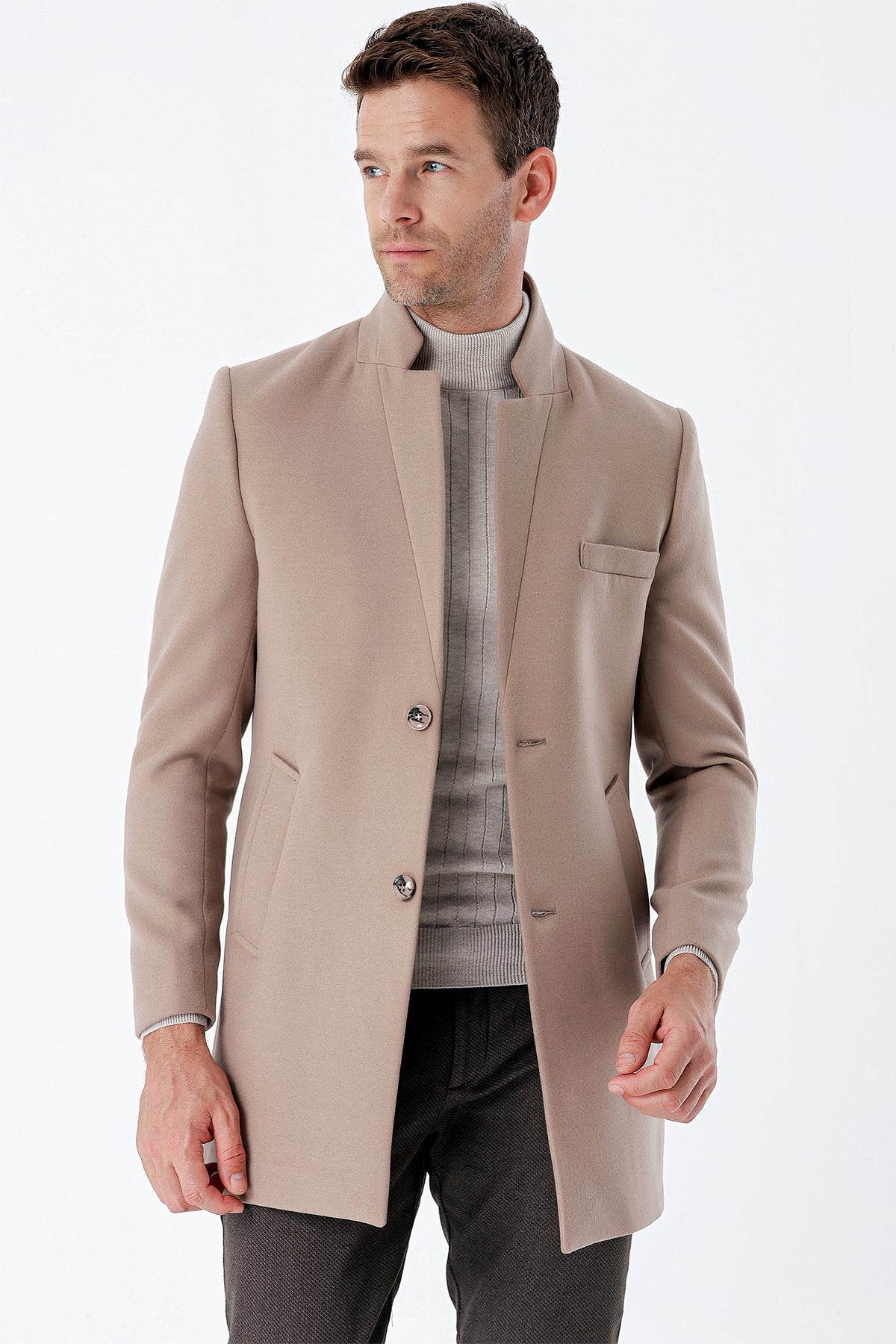 Slim-Fit Plain Coat - Beige