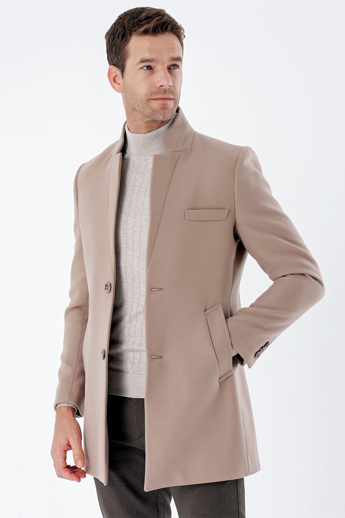 Slim-Fit Plain Coat - Beige