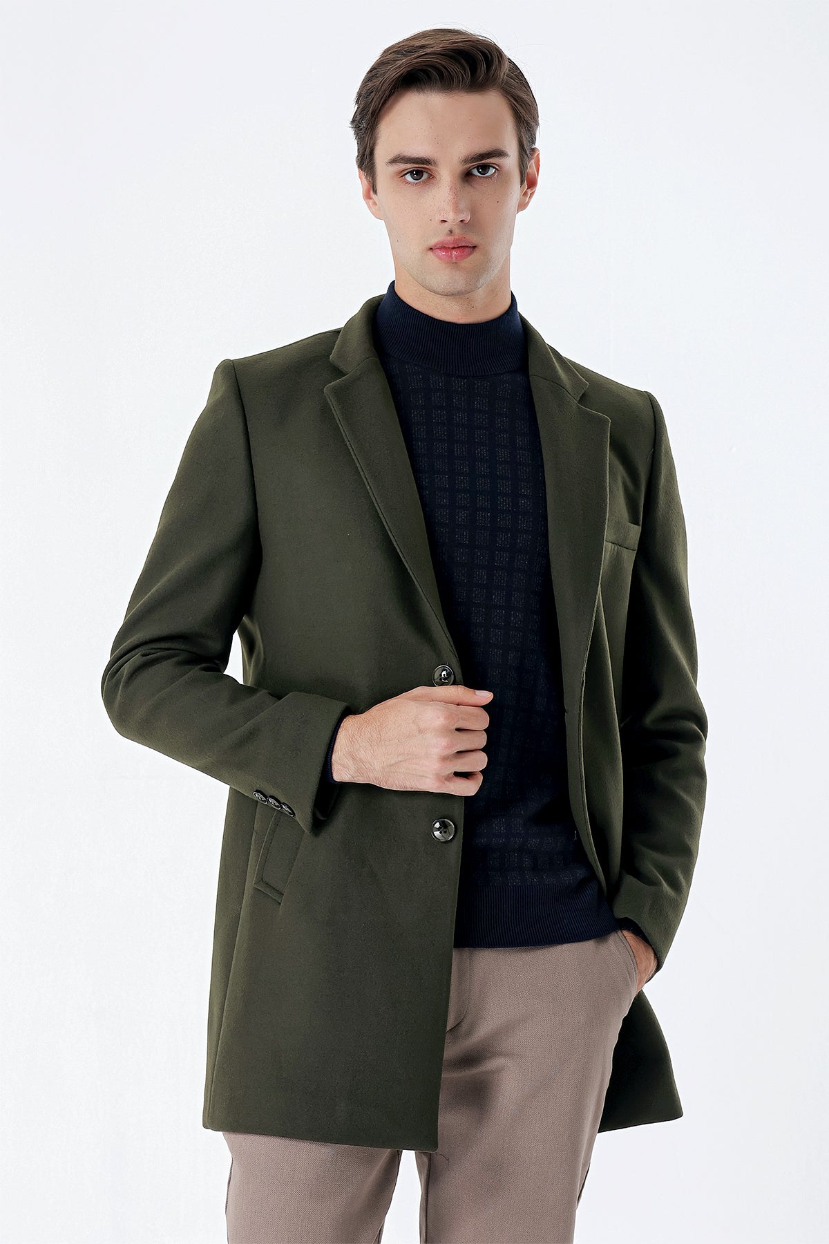 Slim-Fit Plain Coat - Dark Khaki