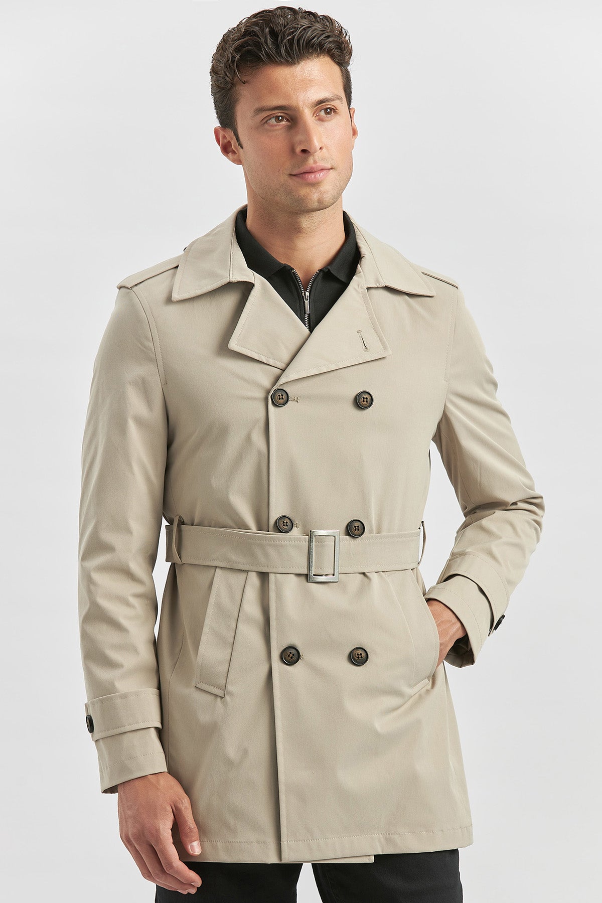 Slim-Fit Double-Breasted Coat - Beige