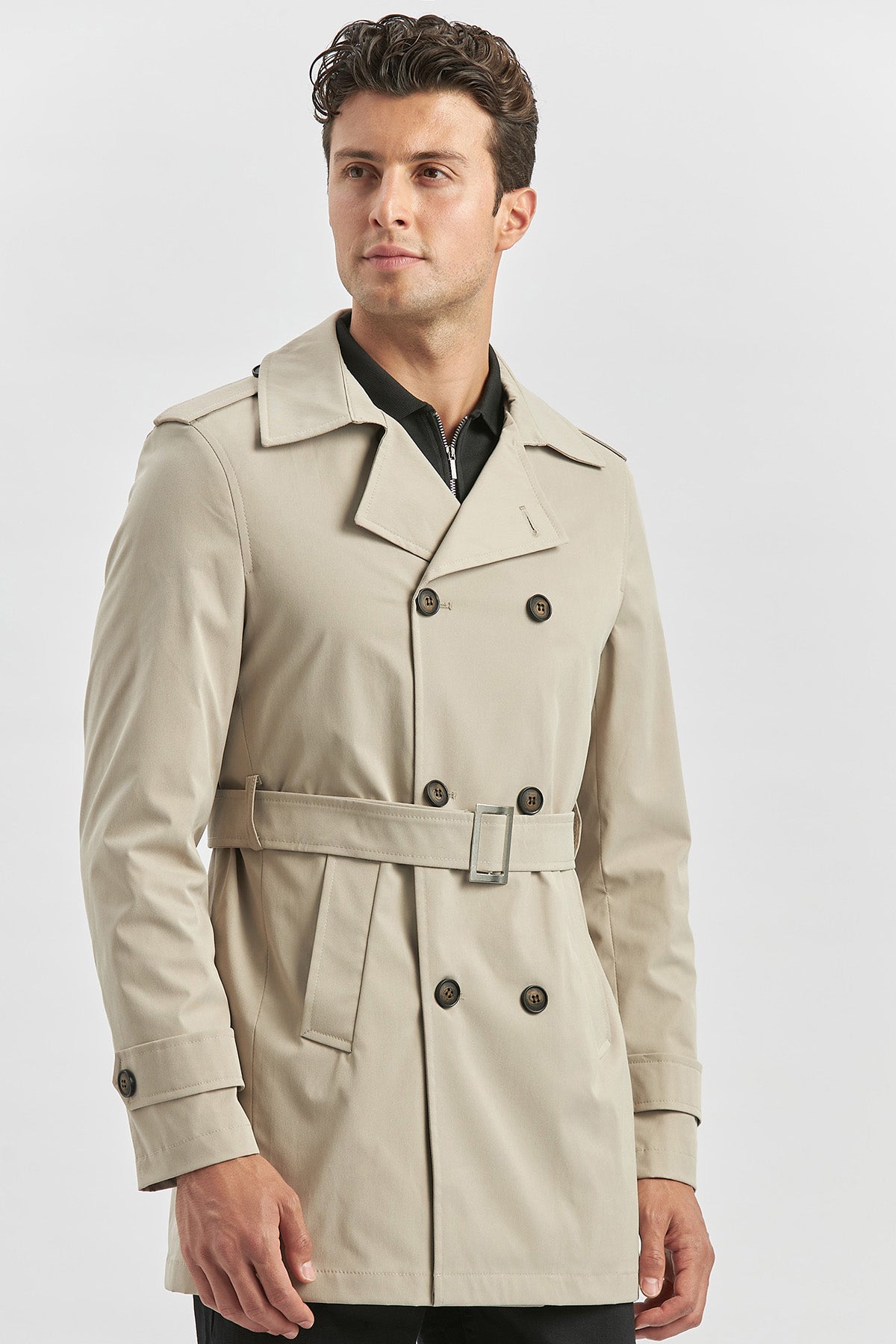 Slim-Fit Double-Breasted Coat - Beige