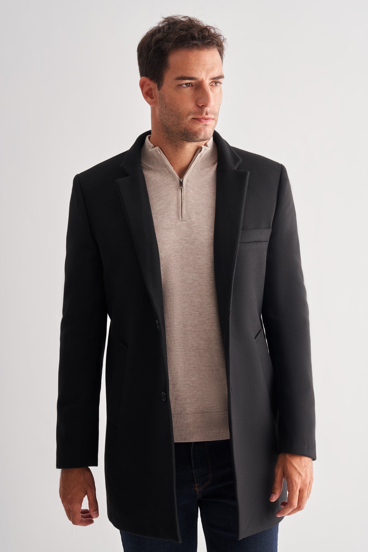 Slim-Fit Plain Coat - Black