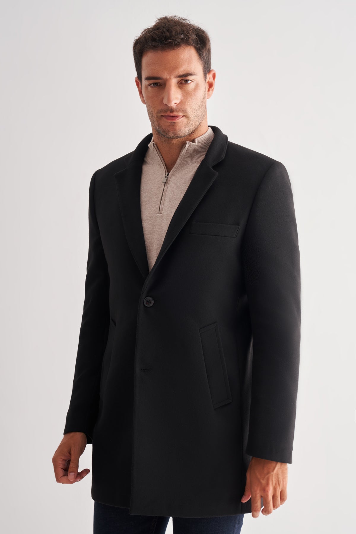 Slim-Fit Plain Coat - Black