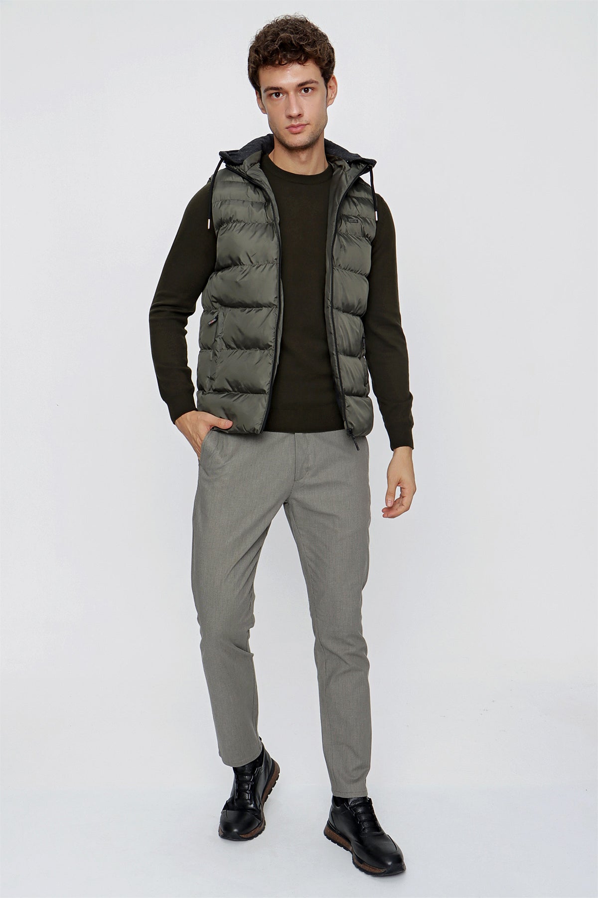 Slim-Fit Hooded Puffer Vest - Dark Khaki