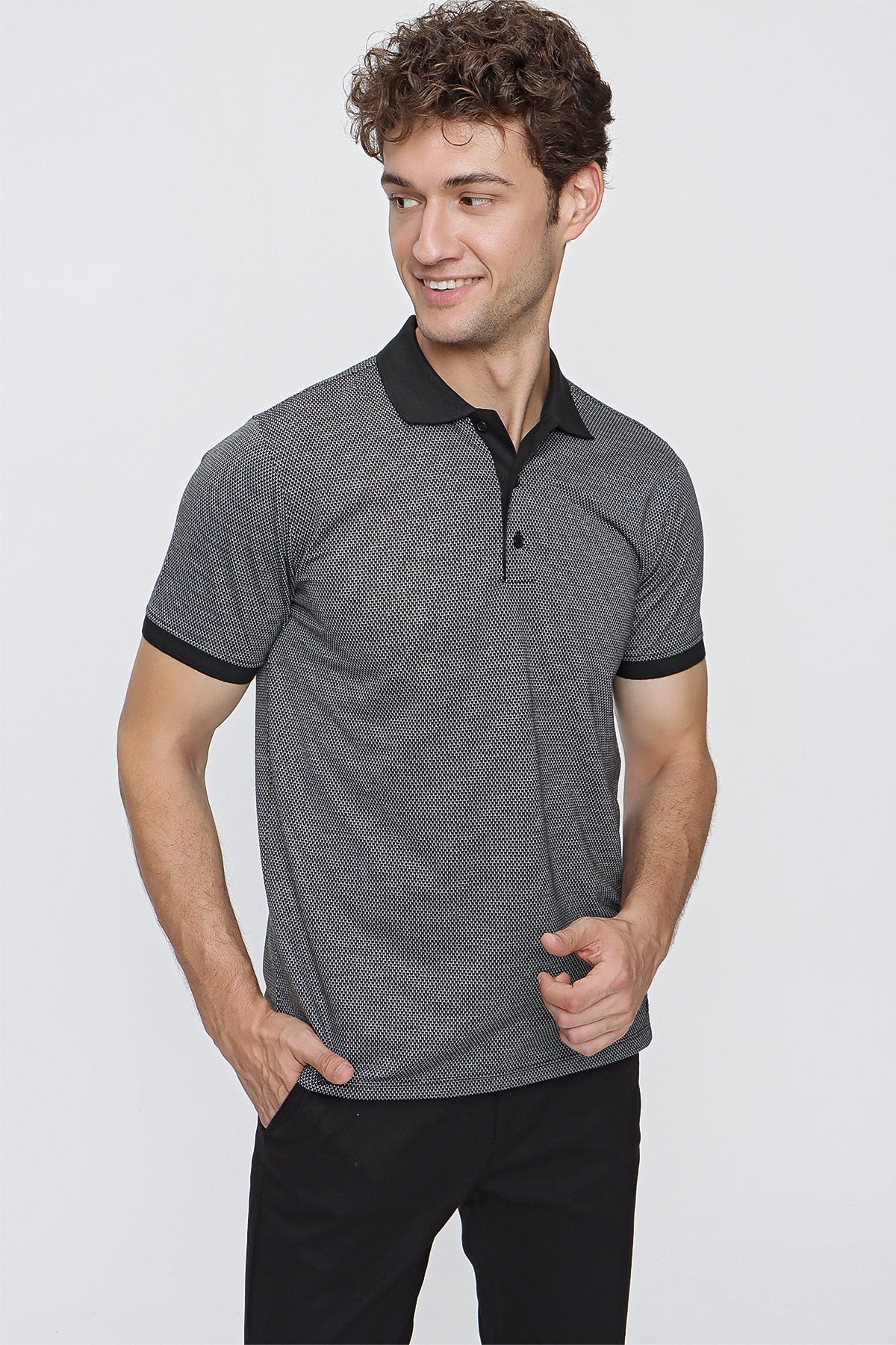 Comfort-Fit Textured Polo Shirt - Black