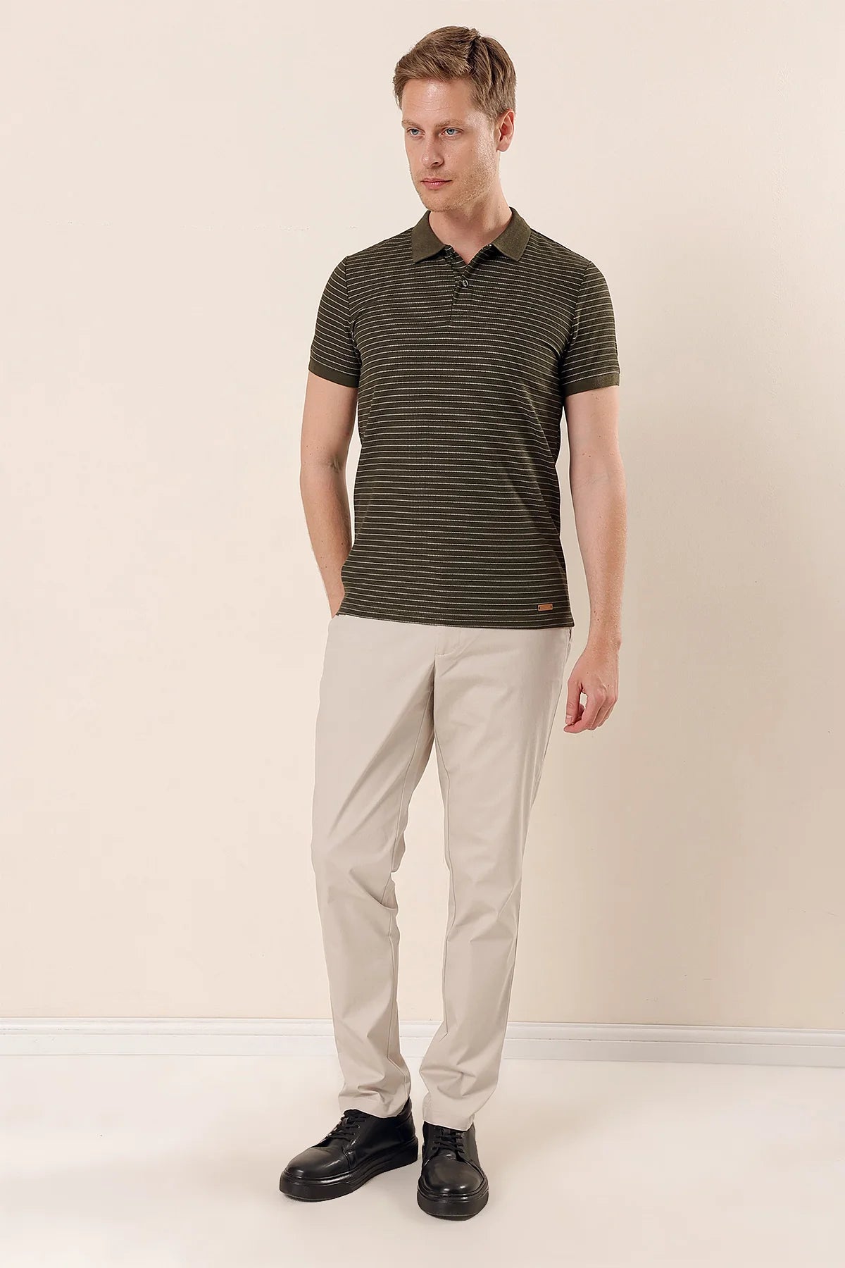 Khaki Slim-Fit Striped Polo Shirt