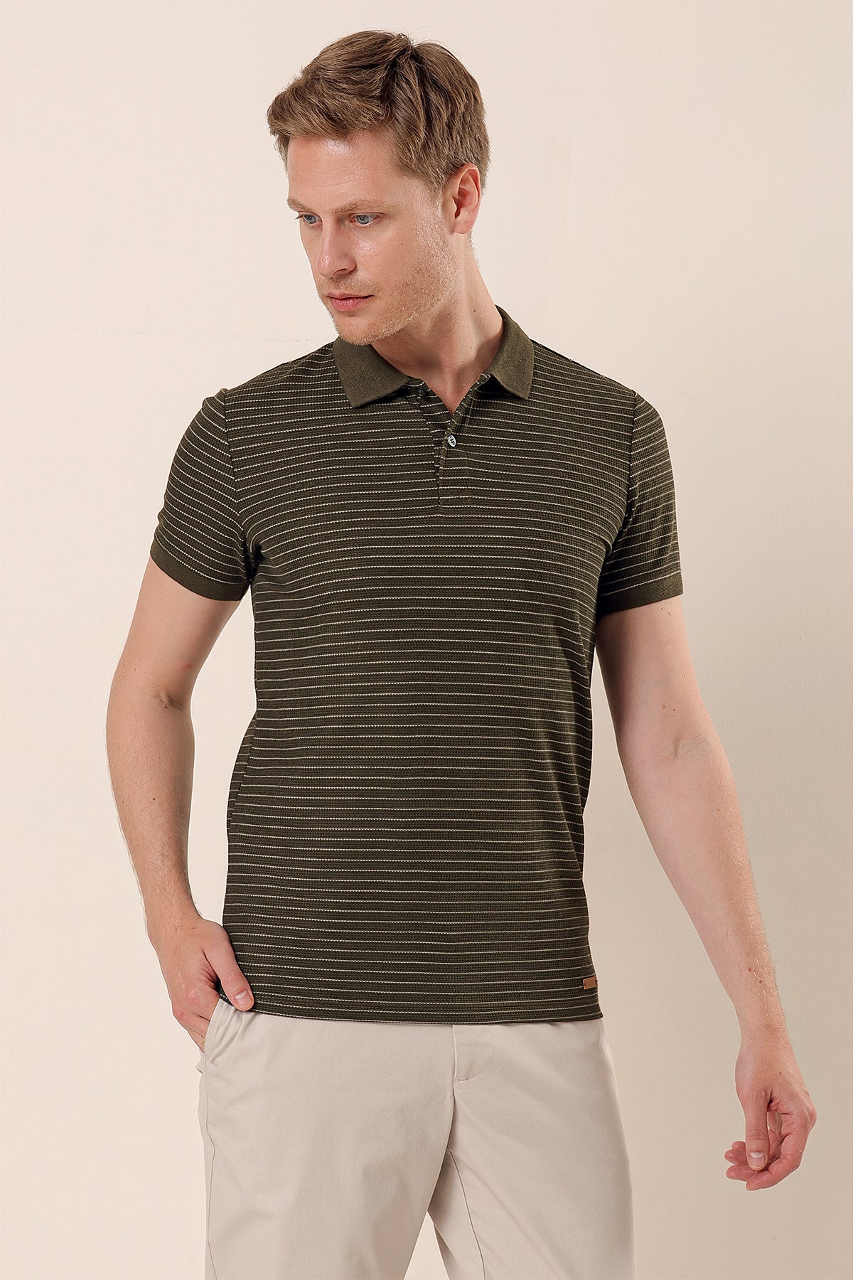 Slim-Fit Striped Polo Shirt - Khaki