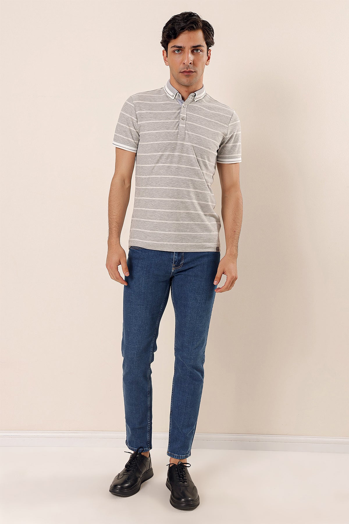 Slim-Fit Striped Polo Shirt - Grey