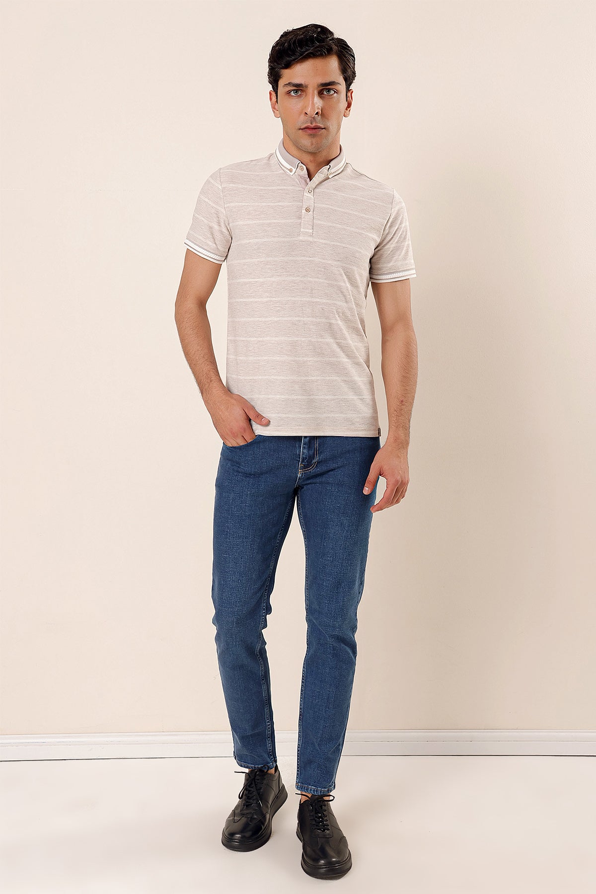 Slim-Fit Striped Polo Shirt - Begie