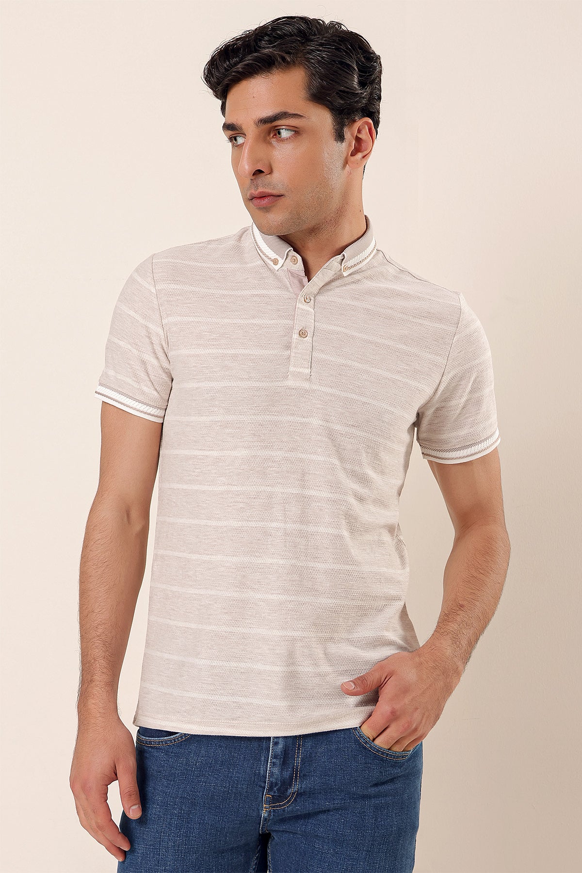 Slim-Fit Striped Polo Shirt - Begie