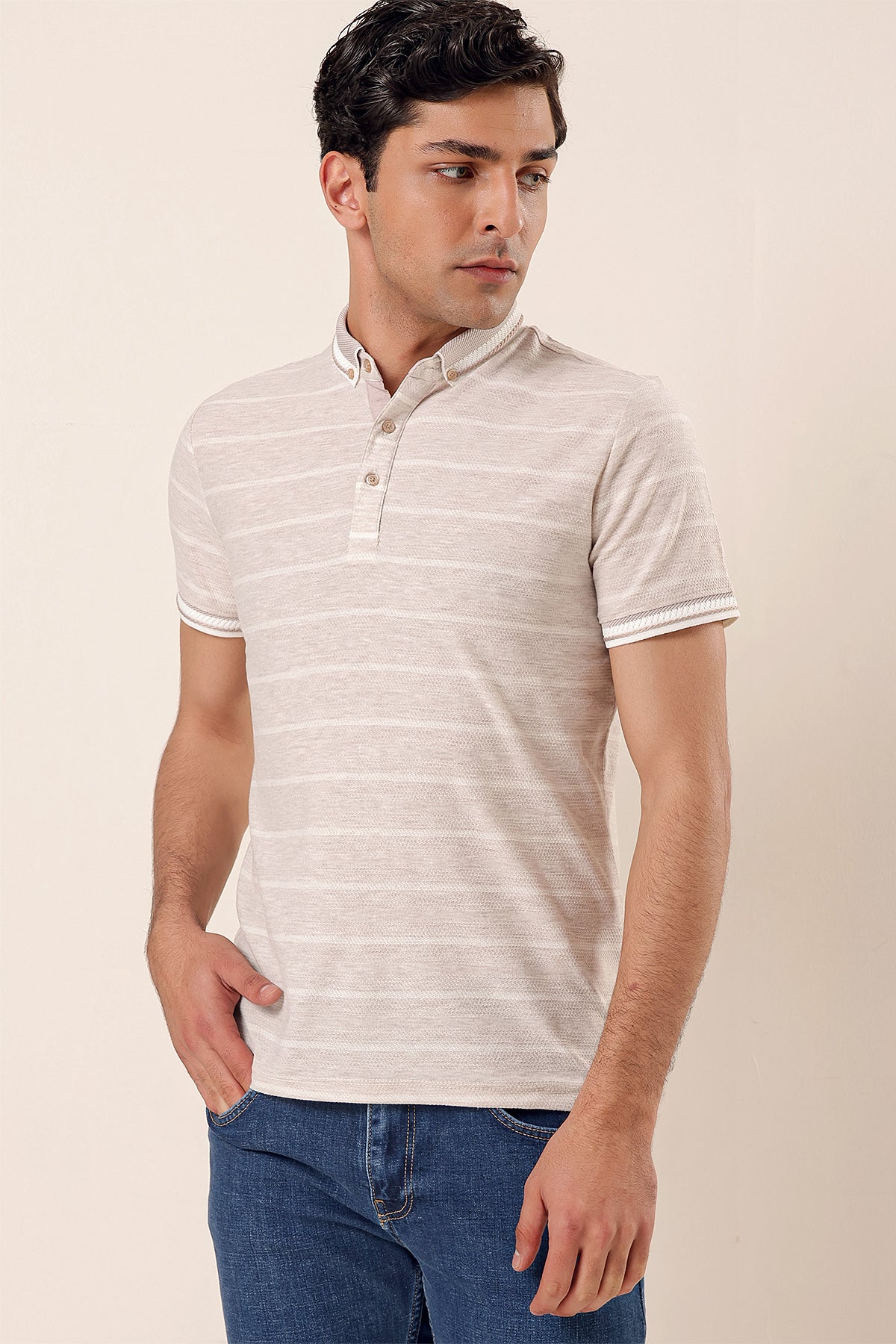 Slim-Fit Striped Polo Shirt - Begie