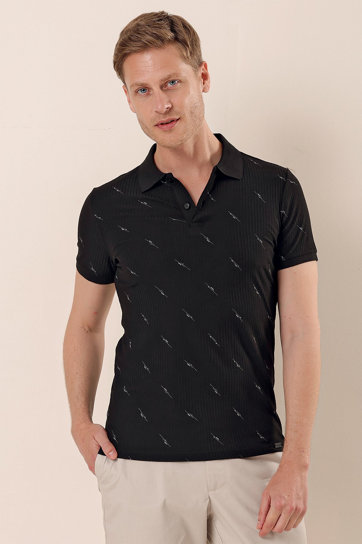 Slim-Fit Patterned Polo Shirt - Black